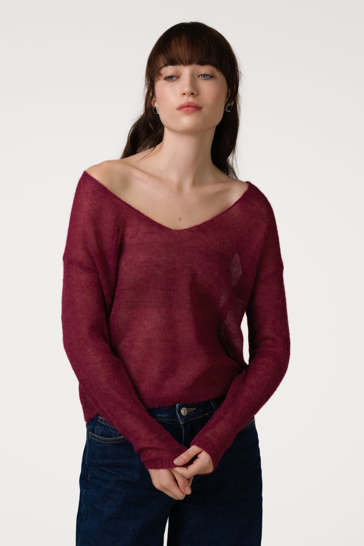 Women's Burgundy Sheer Sweater, Alpaca Blend Knit Pullover