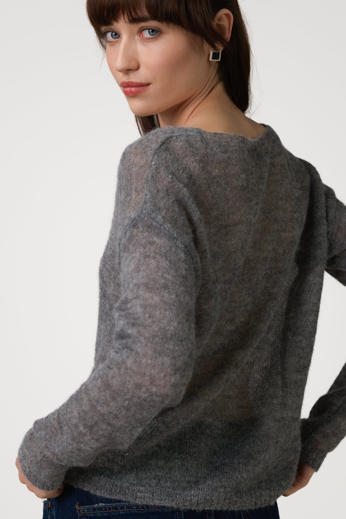 Women's Alpaca Blend Sweater, Relaxed Draped Fit, Fine Ribbed Trims