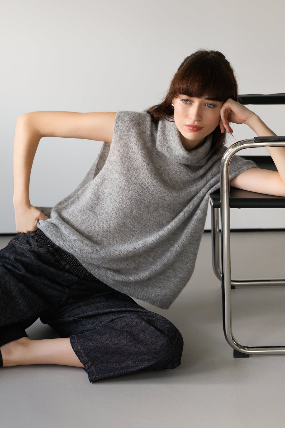Women's Grey Sleeveless Turtleneck Top, Alpaca-Wool Blend Knit
