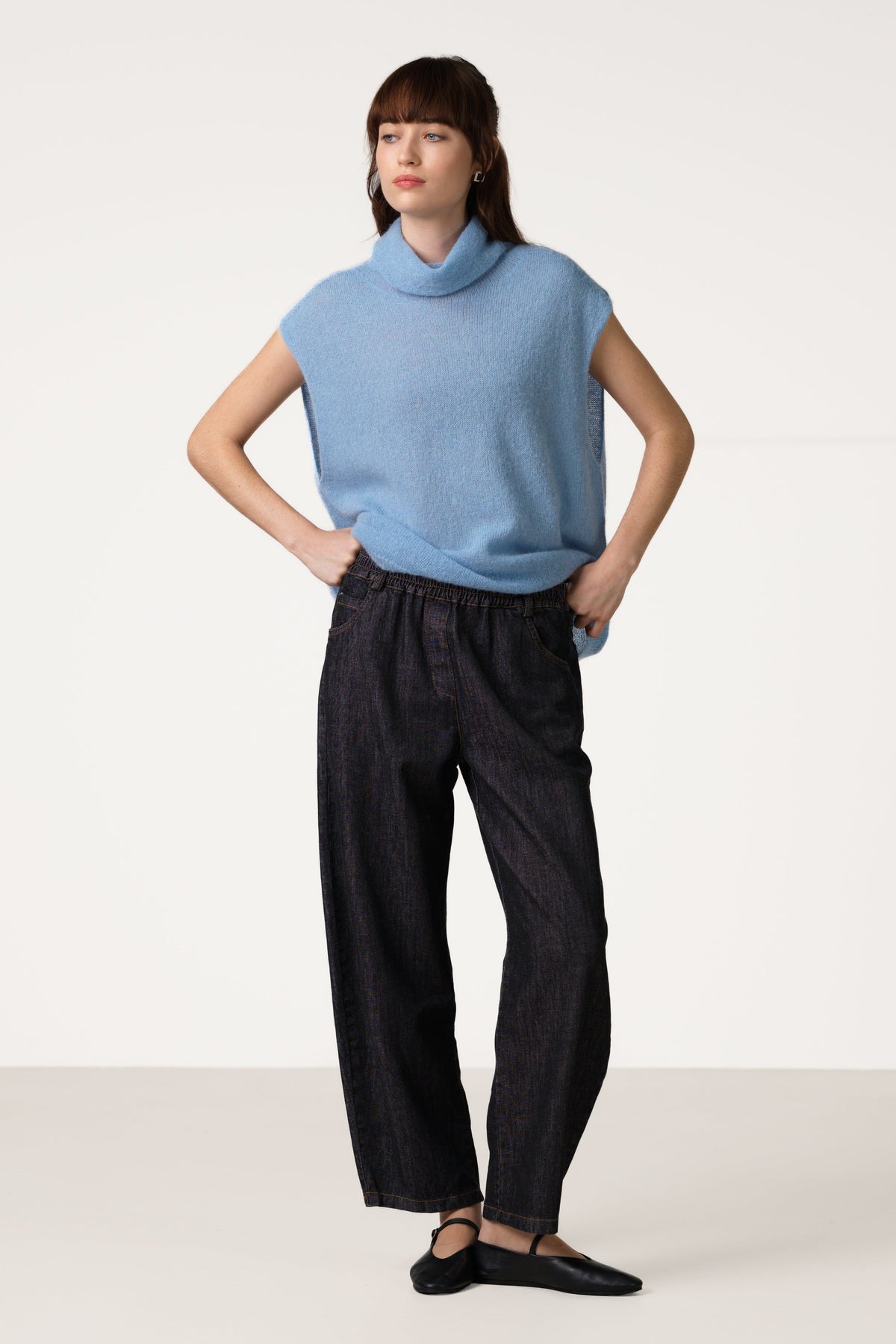 Women's Sky Blue Sleeveless Turtleneck Top, Alpaca-Wool Blend Knit