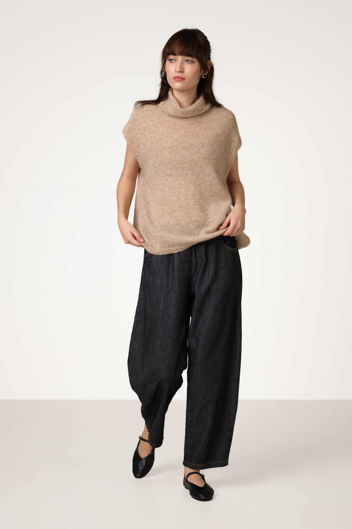 Women's Beige Sleeveless Turtleneck Top, Alpaca-Wool Blend Knit