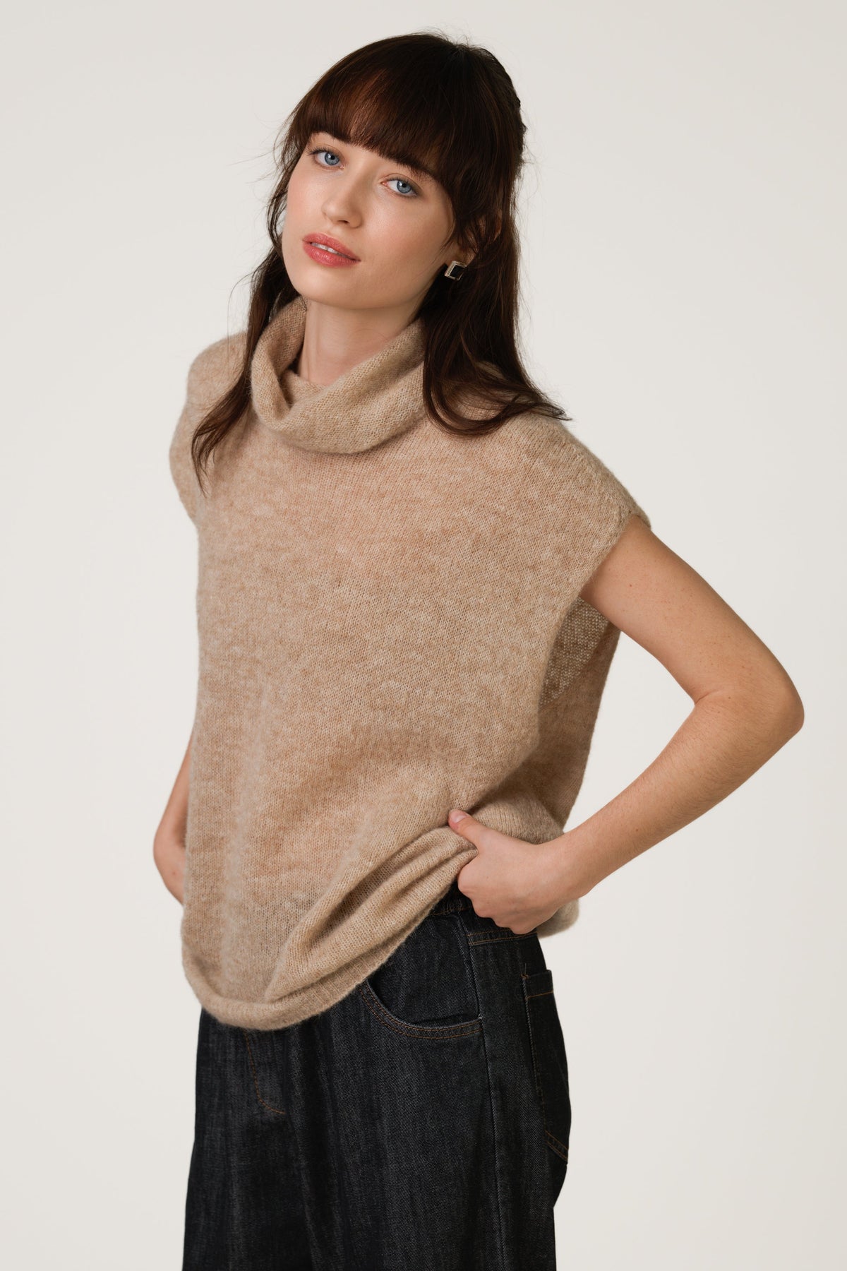 Women's Beige Sleeveless Turtleneck Top