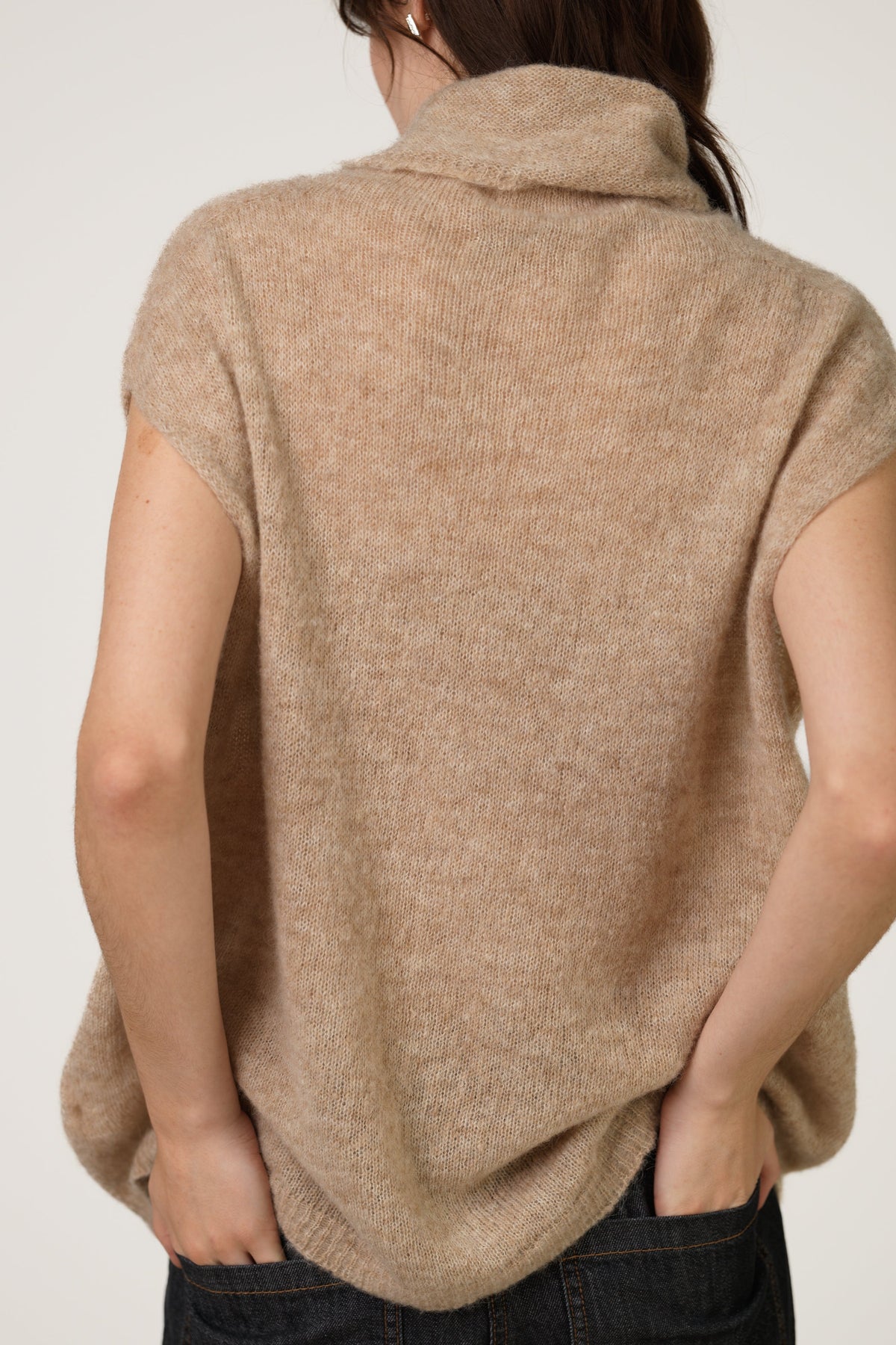 Women's Beige Sleeveless Turtleneck Top, Alpaca-Wool Blend Knit
