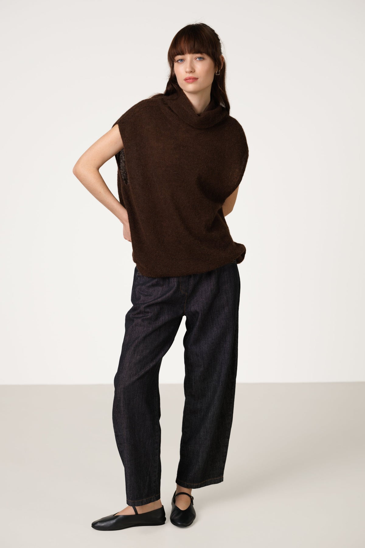 Women's Espresso Brown Sleeveless Turtleneck Sweater, Alpaca Wool Blend