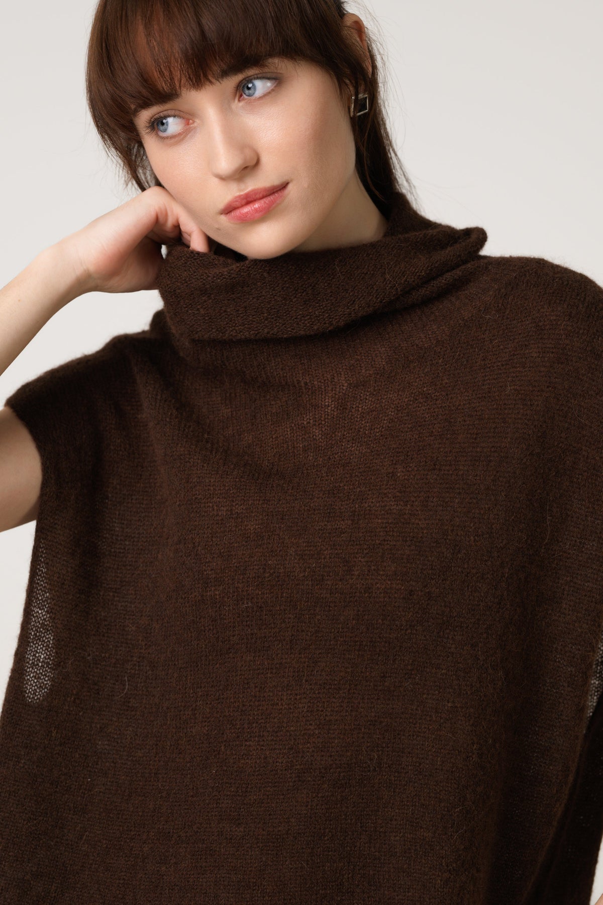 Women's Sleeveless Turtleneck Top in Espresso Brown, Alpaca-Wool Blend Knit