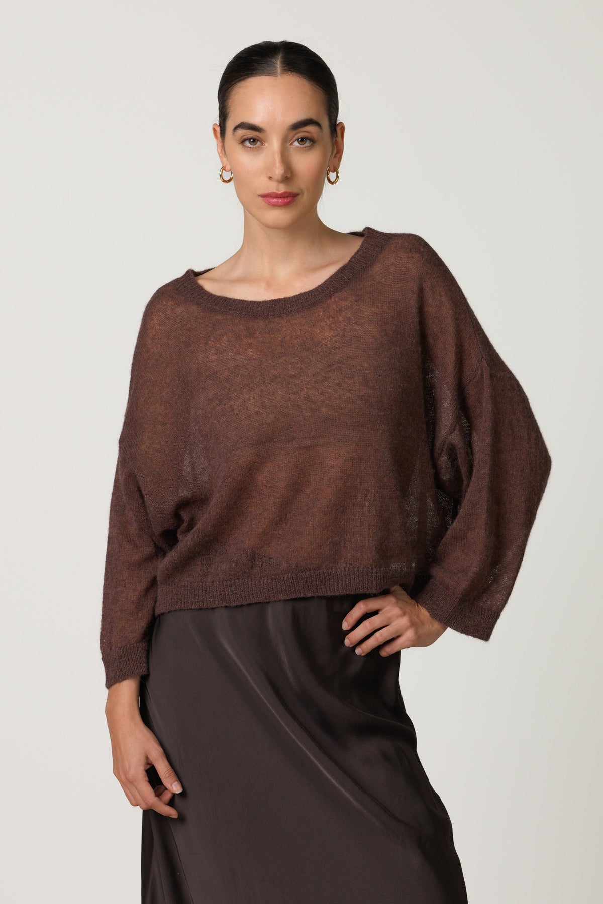 Women's Boxy Sheer Sweater Espresso Brown Alpaca Blend