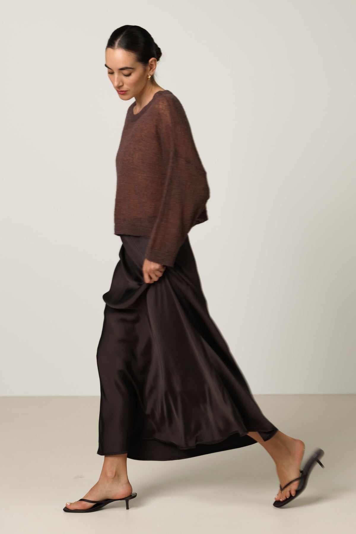 Women's Sheer Boxy Sweater in Espresso Brown, Alpaca Blend Knit