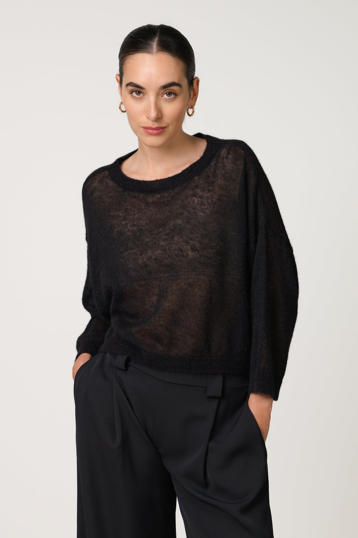 Women's Boxy Sheer Sweater Black Alpaca Blend