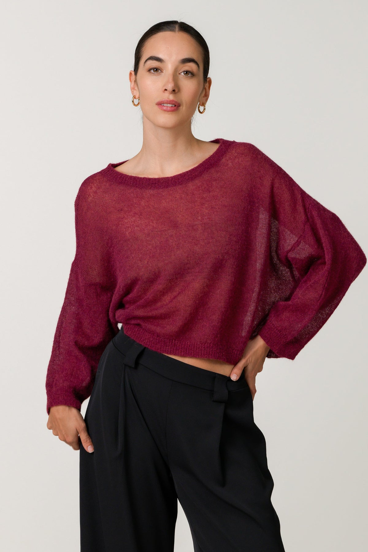 Women's Burgundy Boxy Sheer Sweater, Alpaca Blend Knitwear