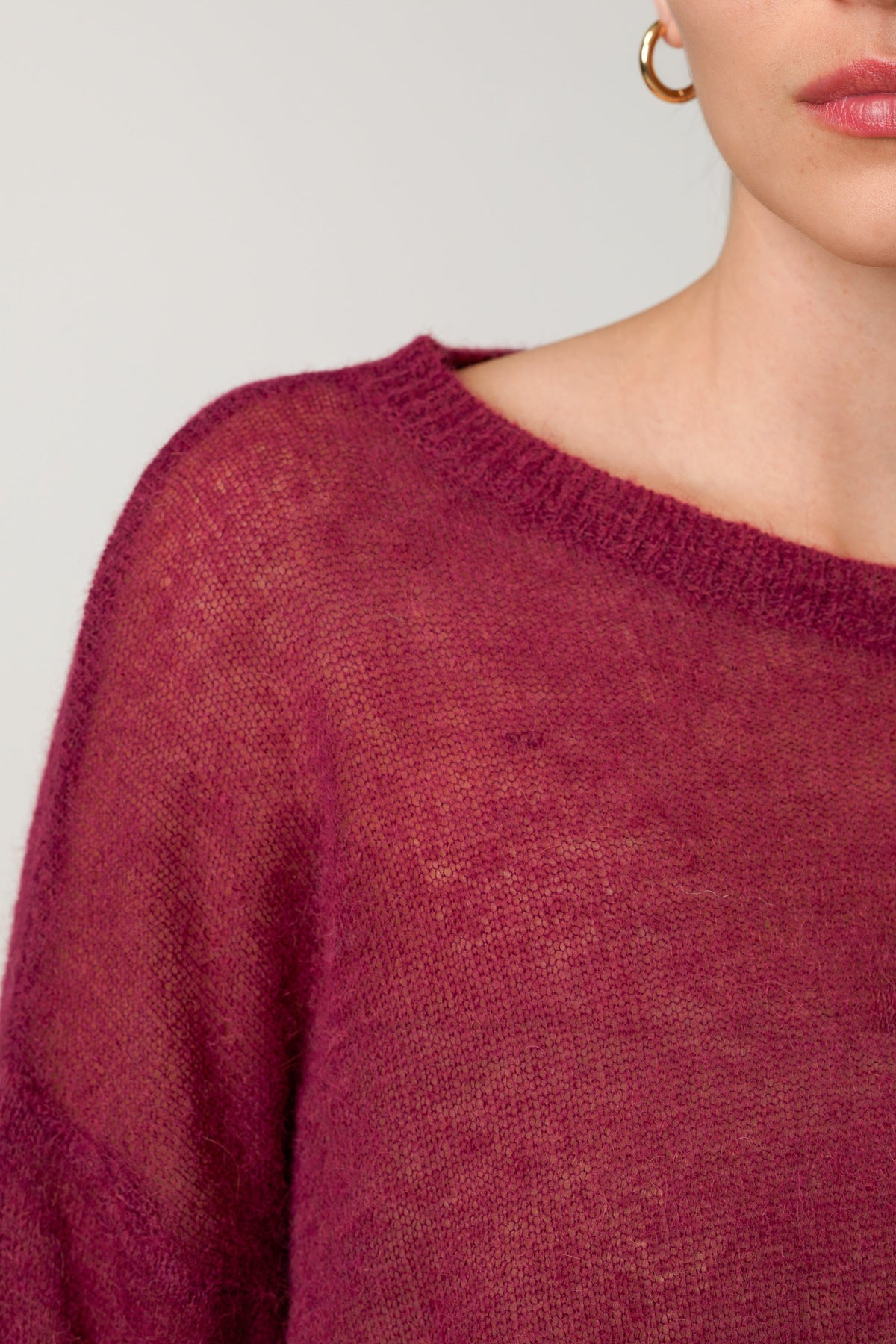 Women's Burgundy Boxy Sheer Sweater, Alpaca Blend Knit Pullover