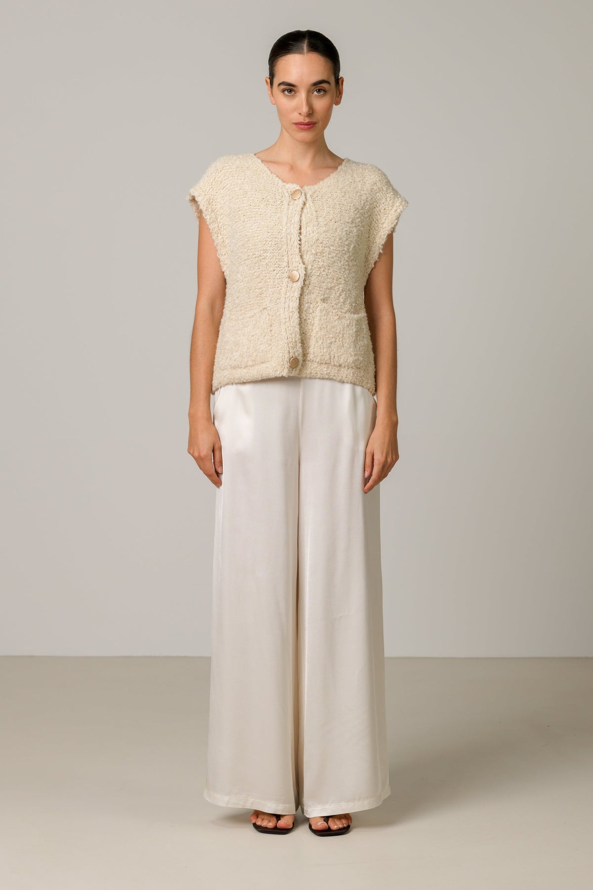 Women's Light Beige Knitted Gilet, Sleeveless Knit Vest