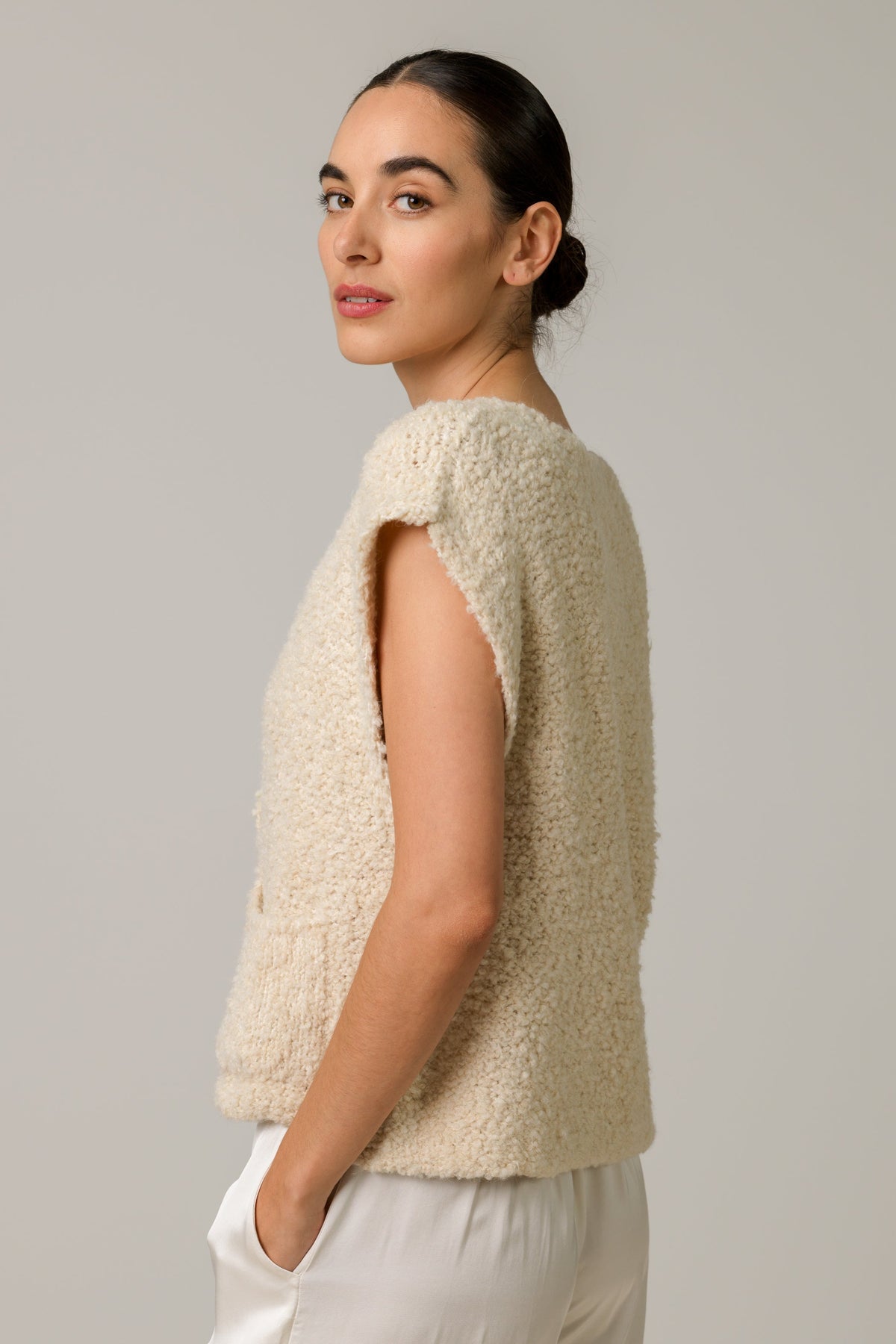 Women's Light Beige Knitted Gilet, Sleeveless Knit Vest