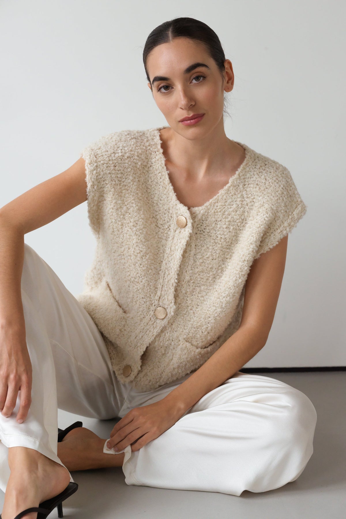 Women's Light Beige Knitted Gilet, Sleeveless Knit Vest