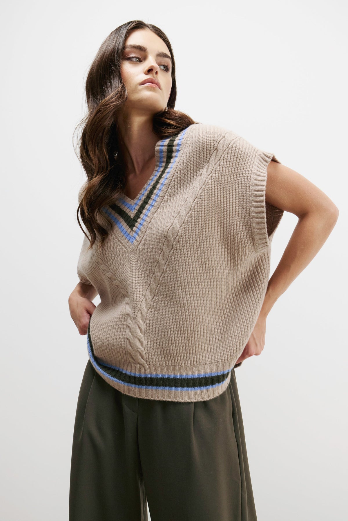 Women's Mocha Knitted Vest in Wool-Cashmere Blend, Sleeveless Layering Design