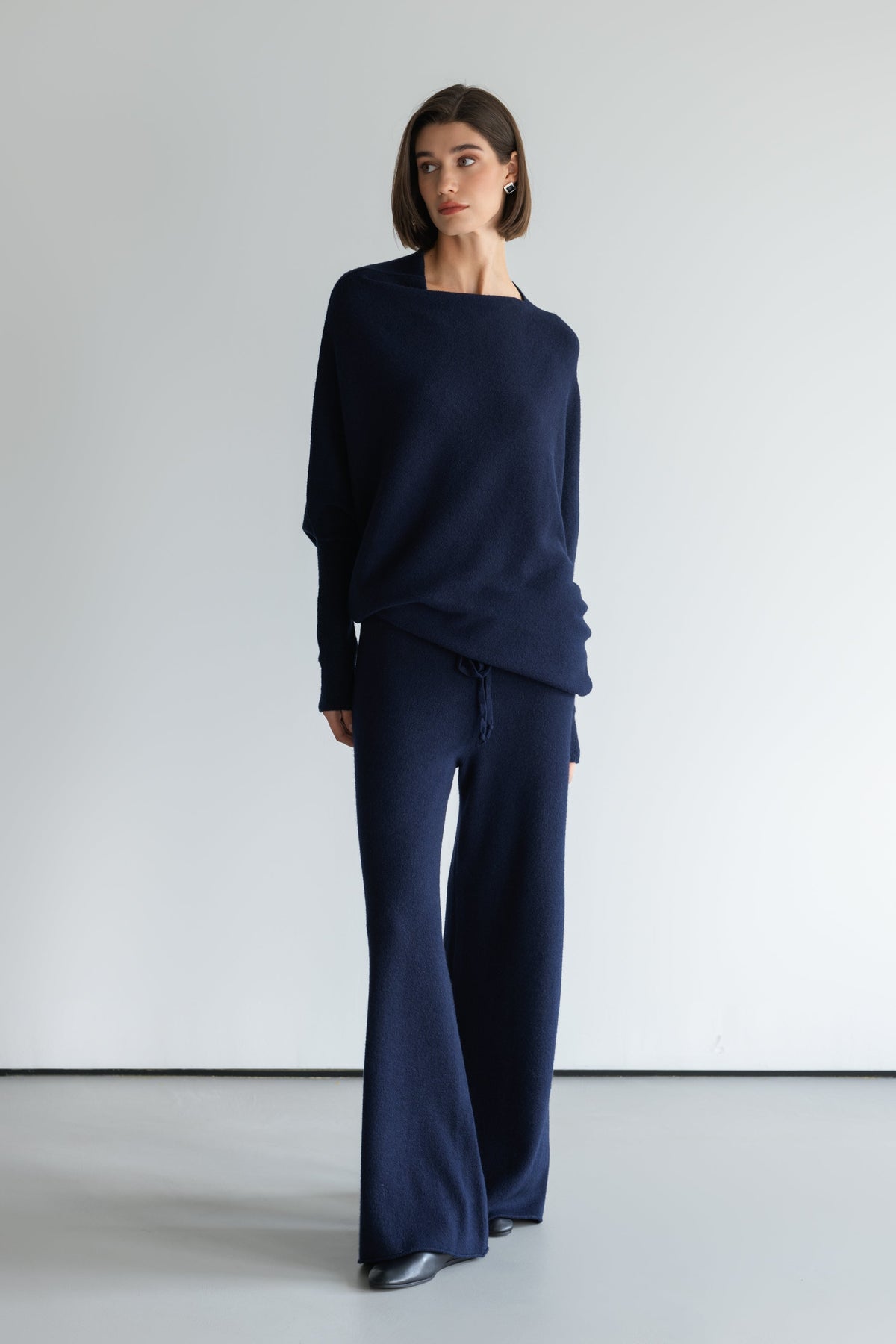 Women's Navy Asymmetrical Draped Seamless Knit Top