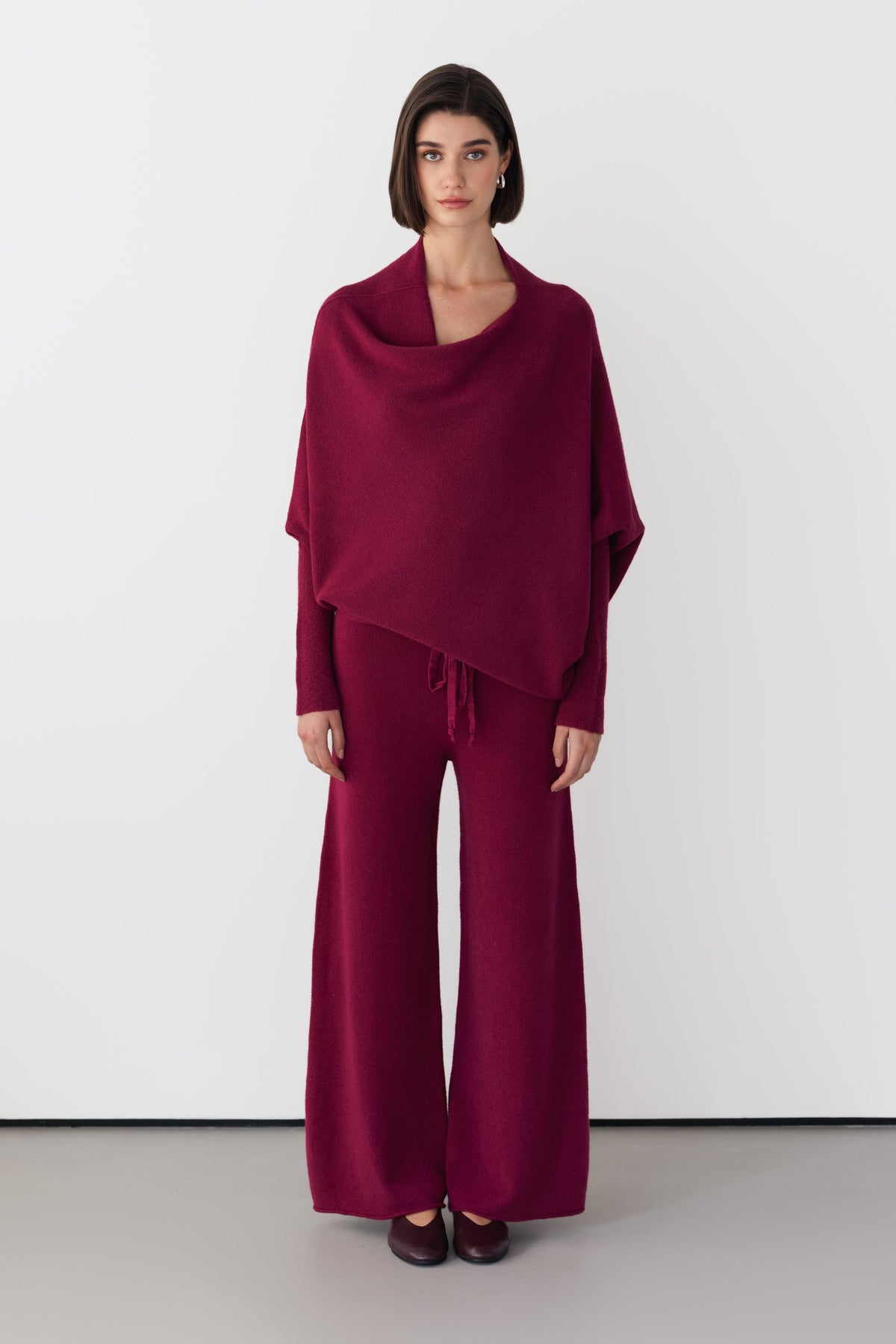 Women's Burgundy Asymmetric Draped Knit Top