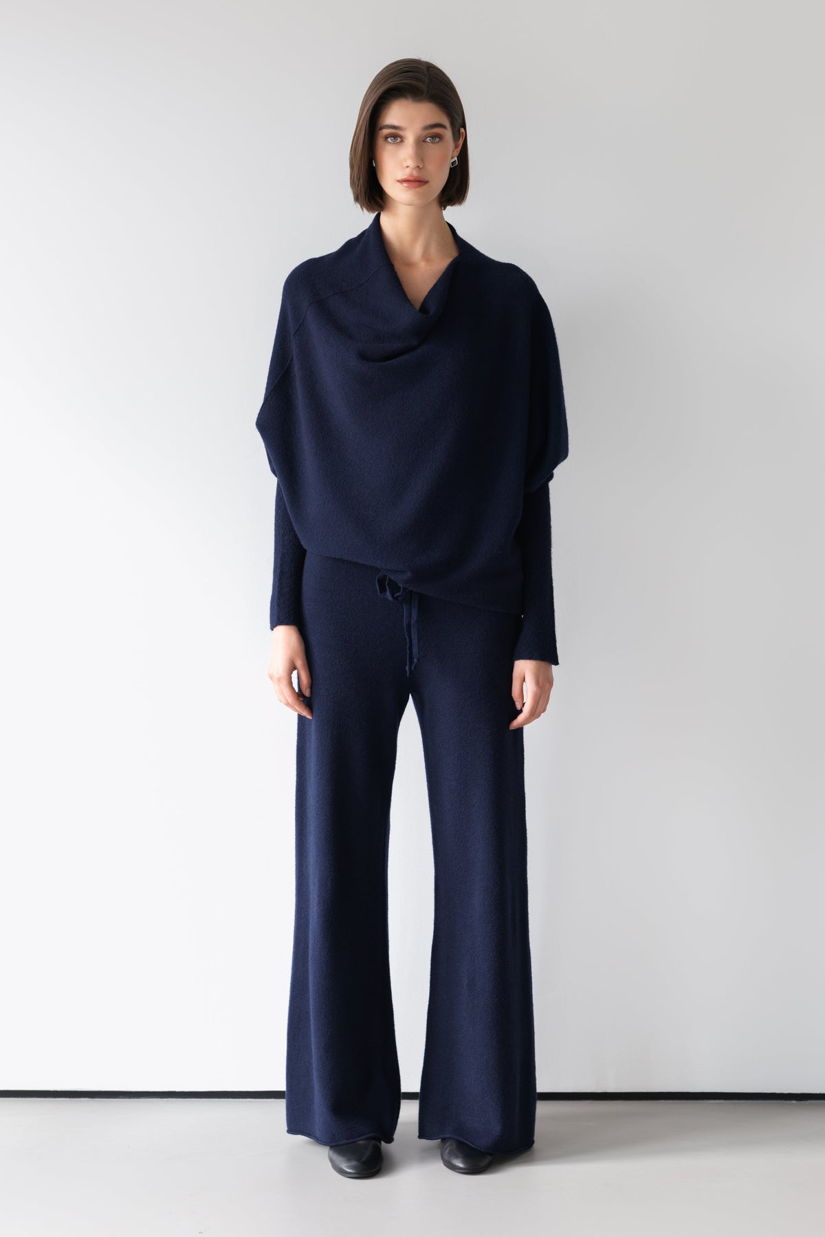 Women's Navy Asymmetrical Draped Seamless Knit Top