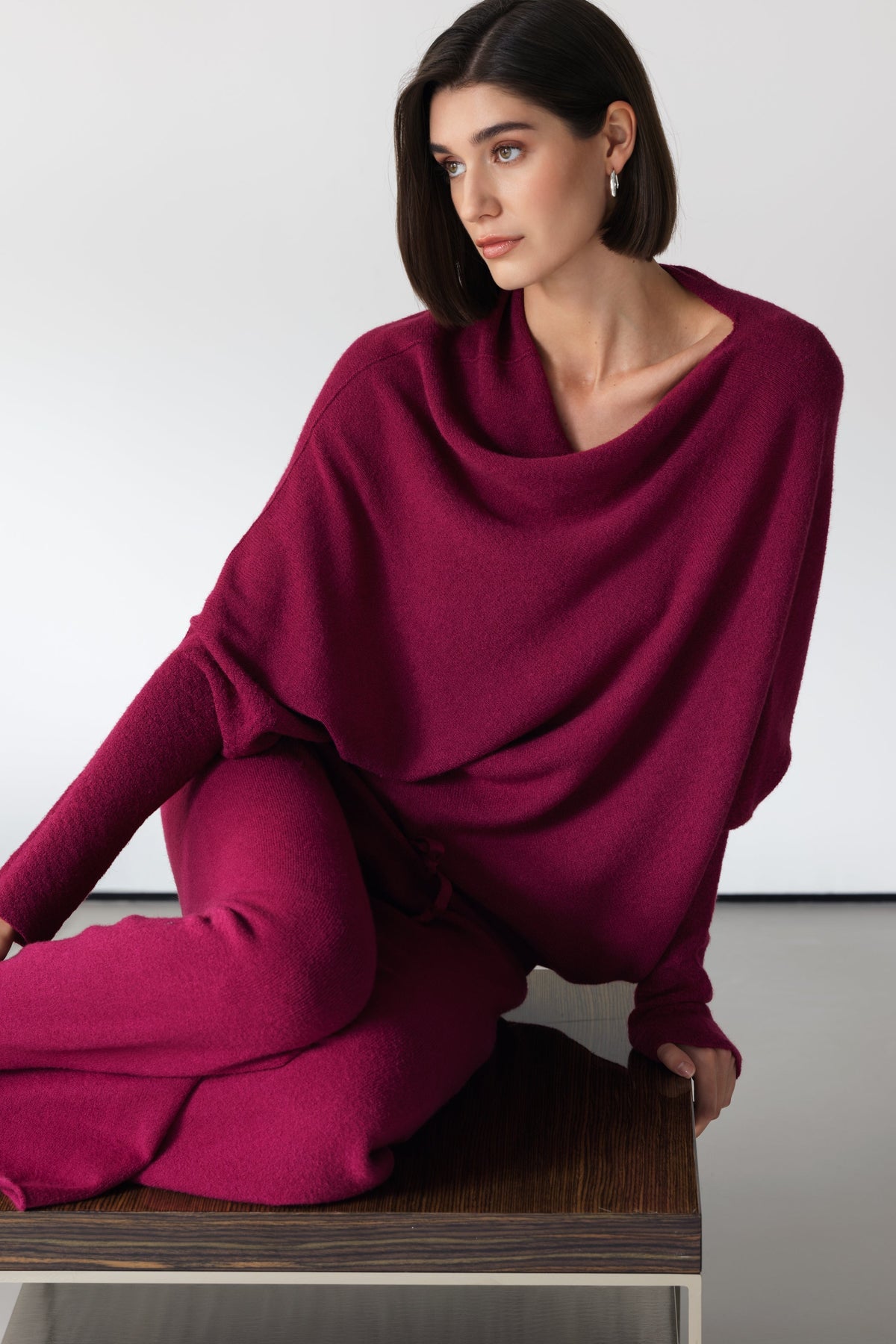Women's Burgundy Asymmetric Draped Knit Top