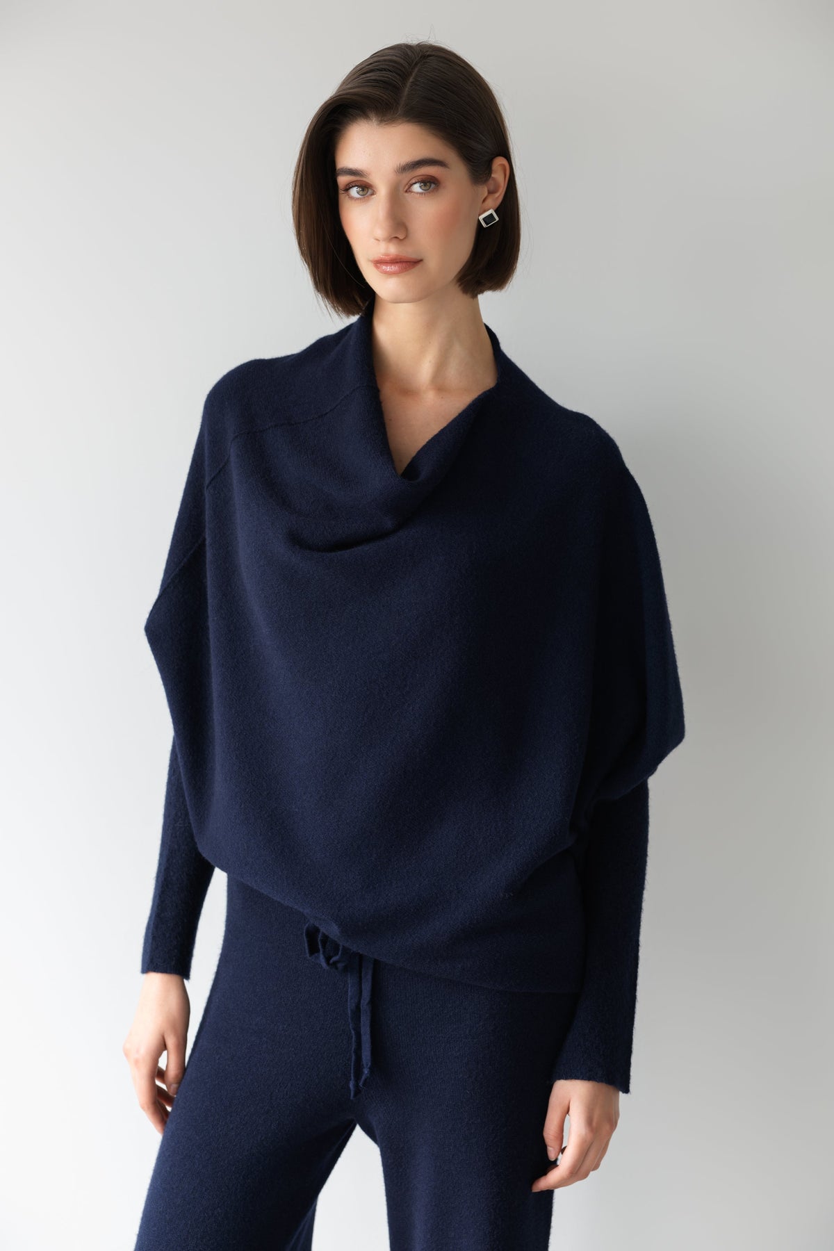 Women's Navy Asymmetrical Draped Seamless Knit Top