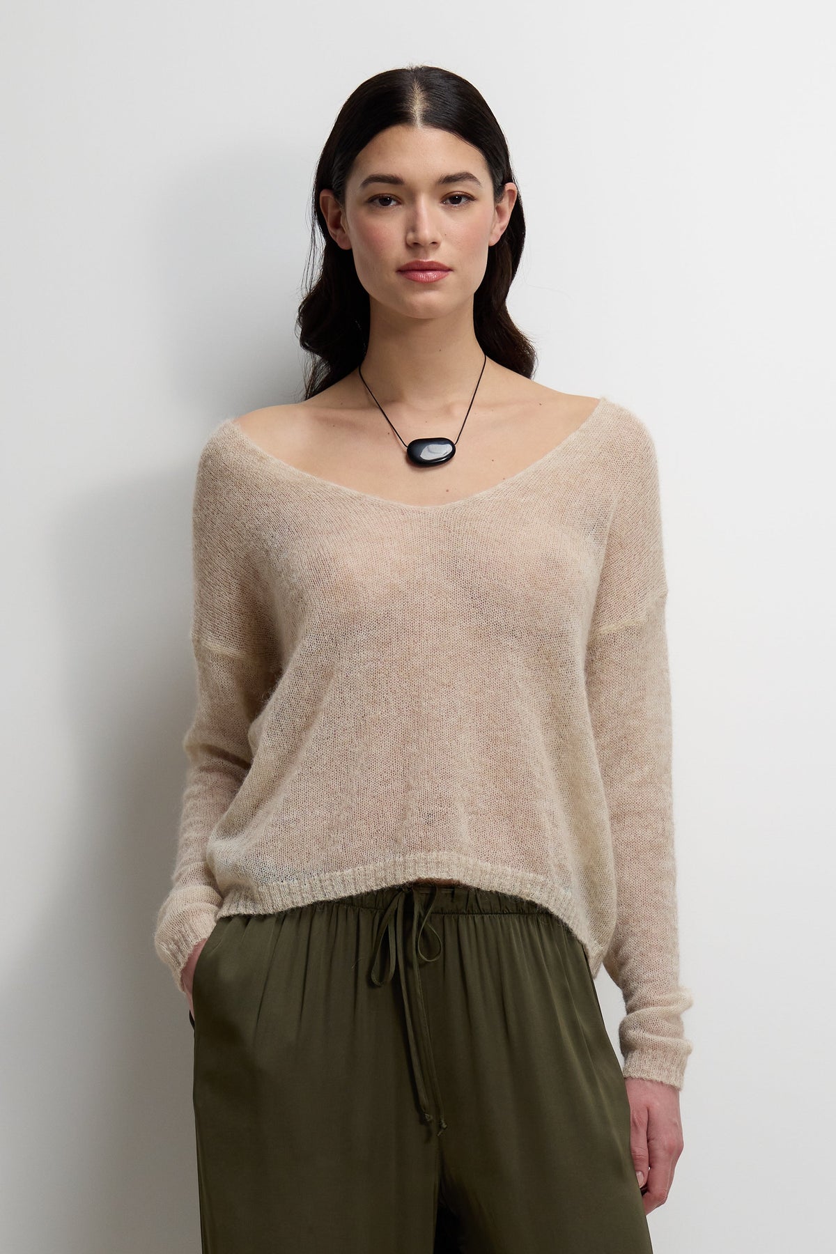 Women's Beige Sheer Sweater in Alpaca Blend with Lightweight Knit Design