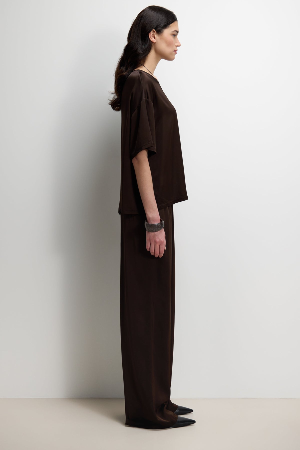 Women's Espresso Brown Satin Top with Back Slit Detail