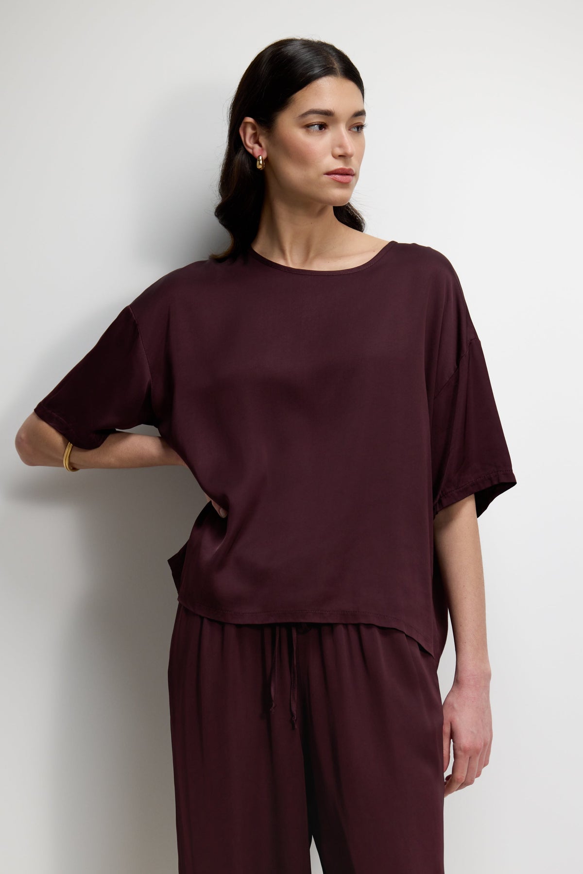 Women's Amethyst Plum Satin Top with Back Slit Detail