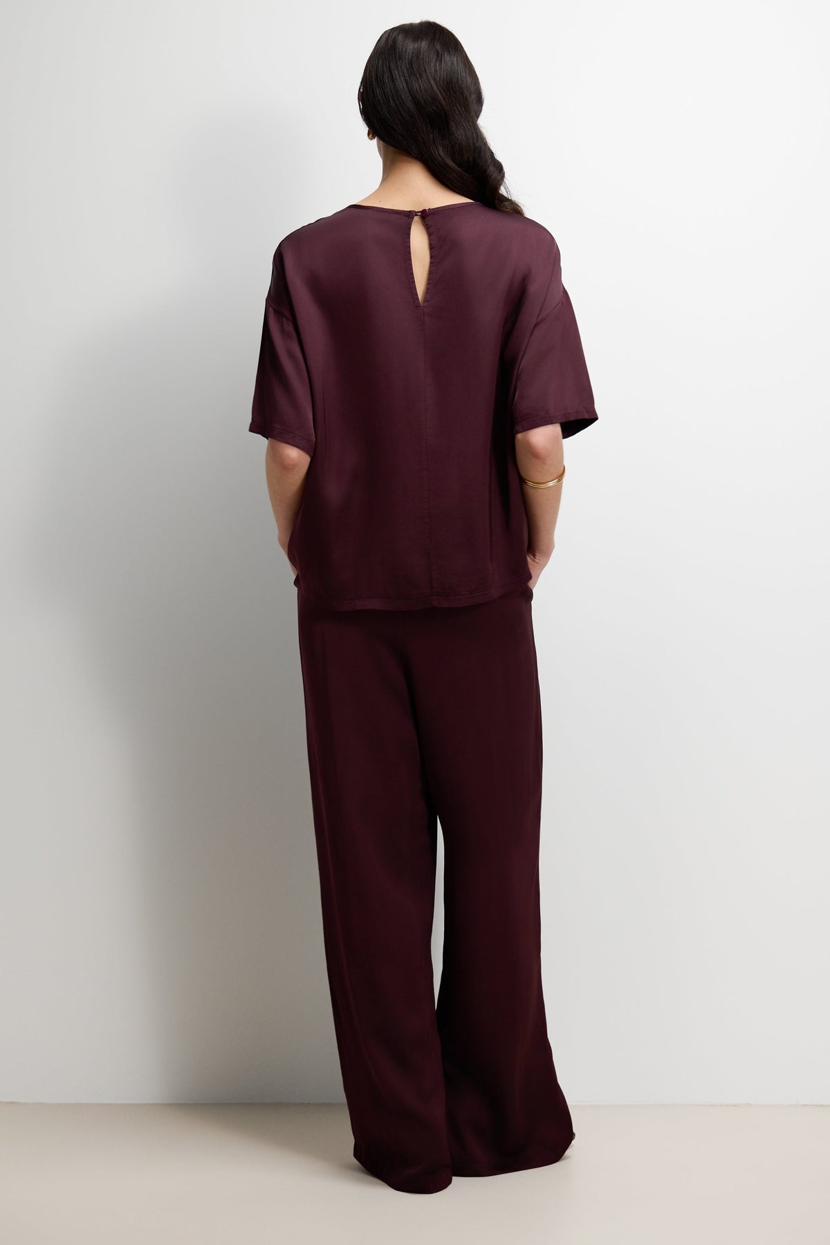 Women's Amethyst Plum Satin Top with Back Slit Detail