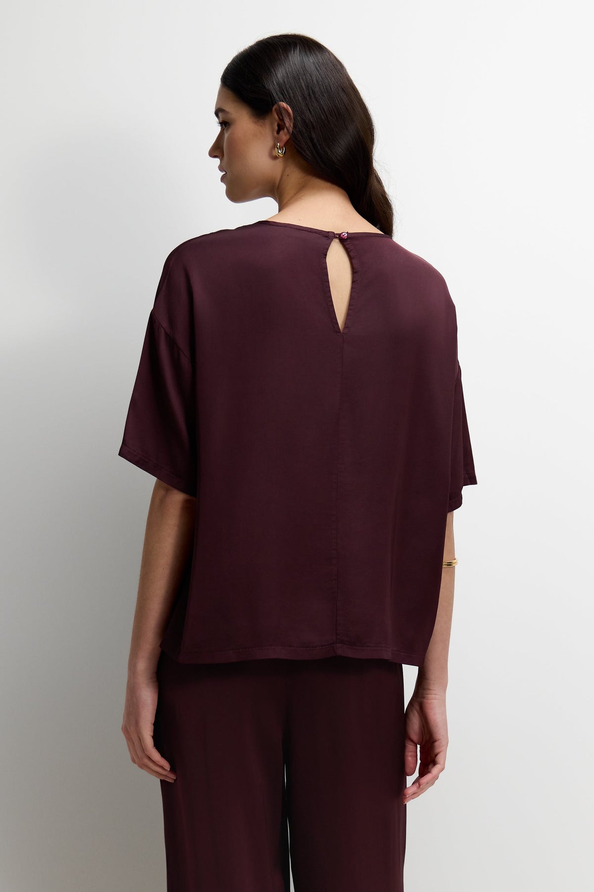 Women's Amethyst Plum Satin Top with Back Slit Detail