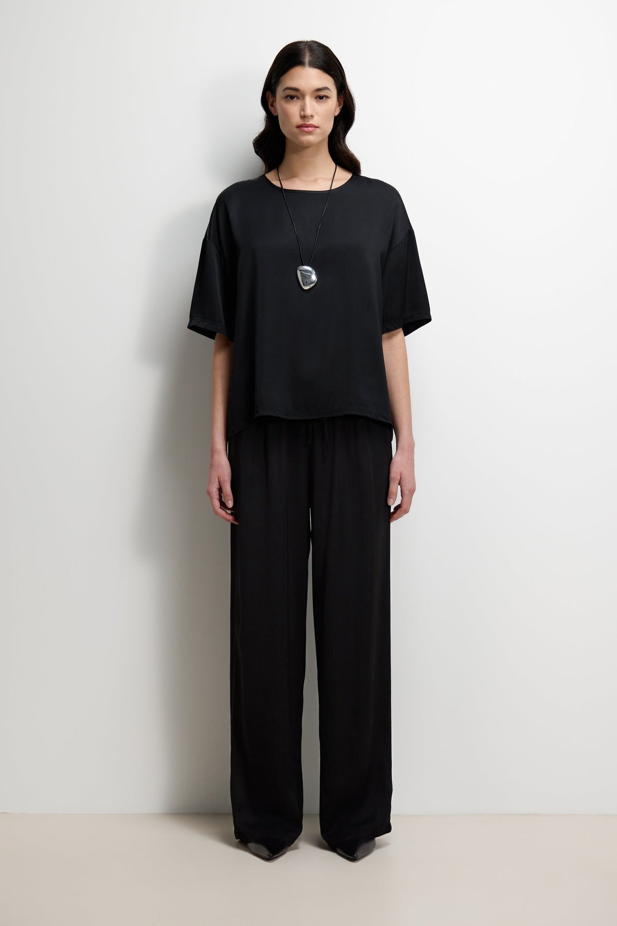 Women's Black Satin Top with Back Slit Detail and Elegant Design