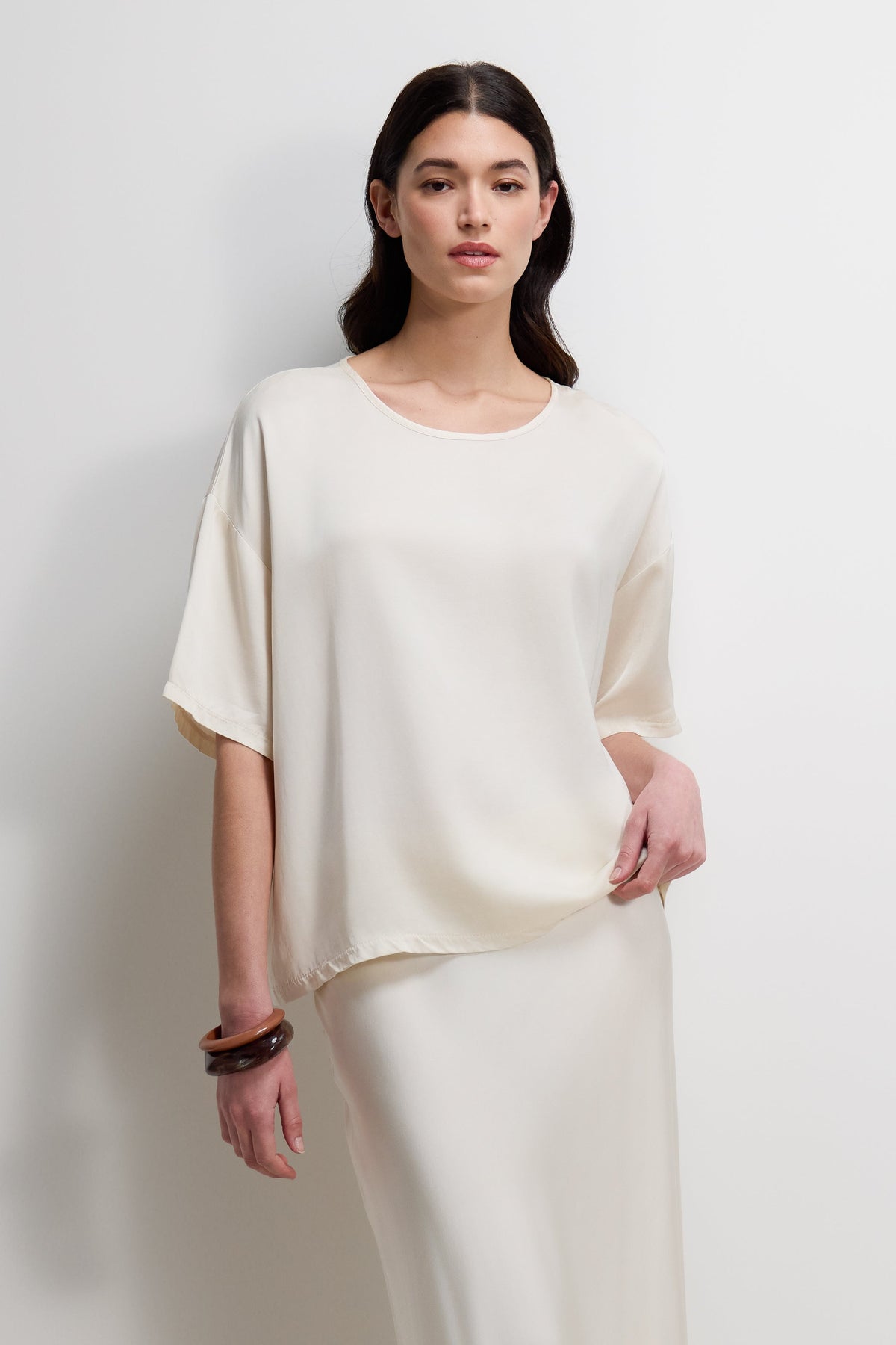 Women's Ivory Satin Top with Back Slit Detail