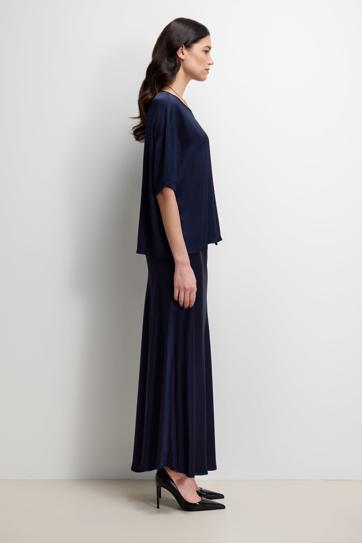 Women's Navy Satin Top with Back Slit Detail and Elegant Design