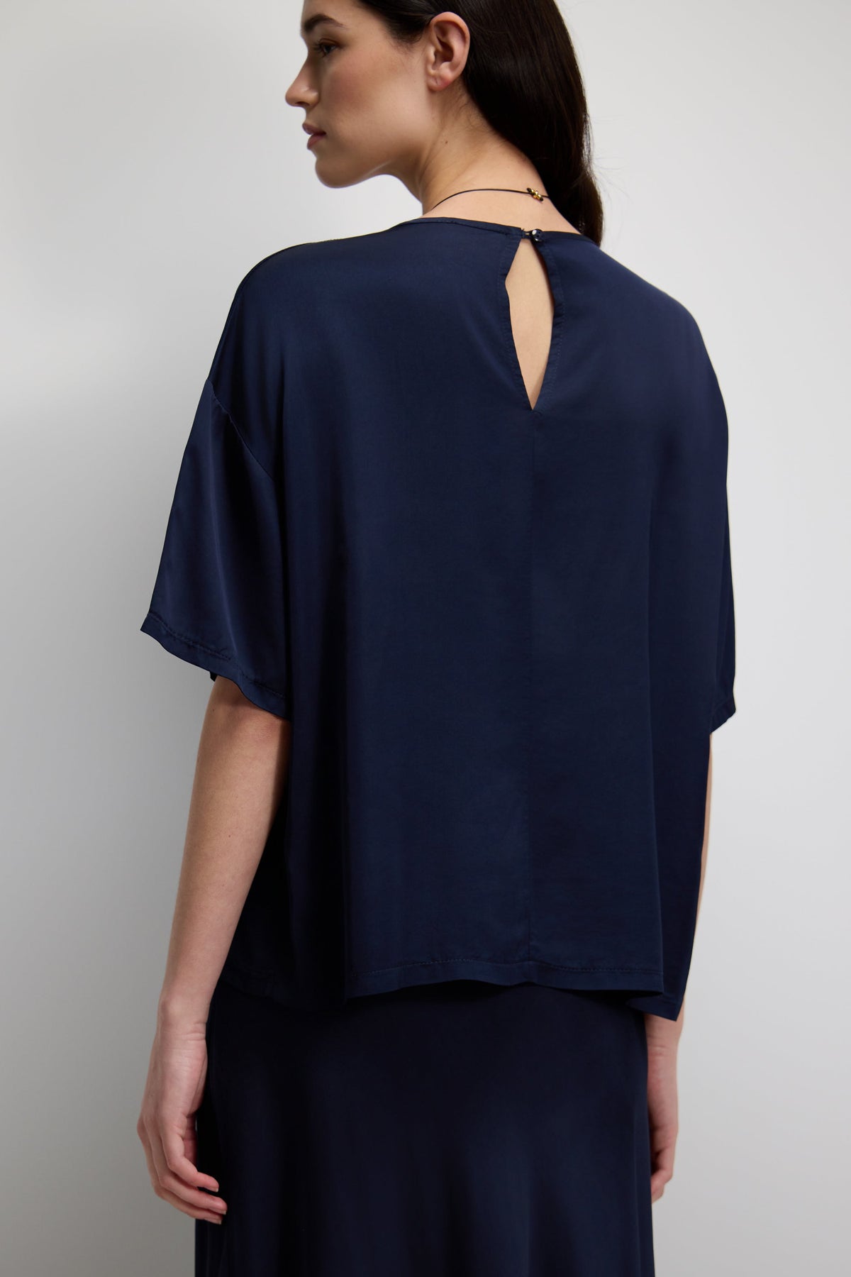 Women's Navy Satin Top with Back Slit Detail and Elegant Design