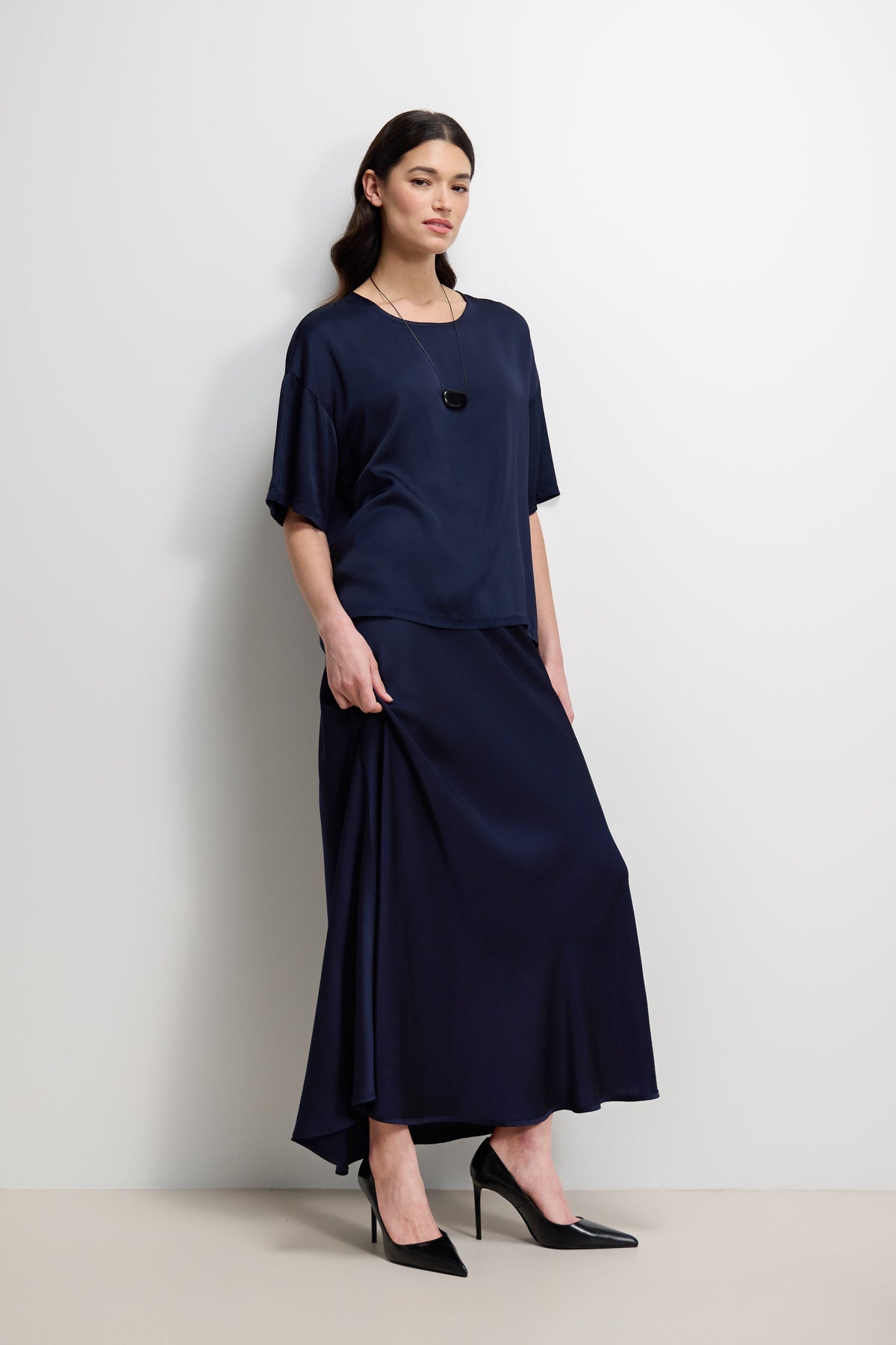 Women's Navy Satin Top with Back Slit Detail and Elegant Design