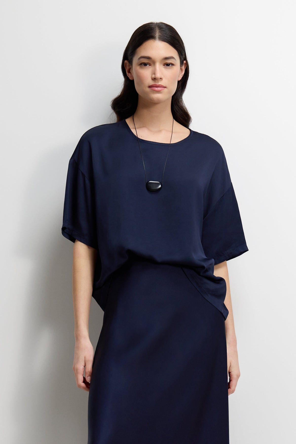 Women's Navy Satin Top with Back Slit Detail and Elegant Design
