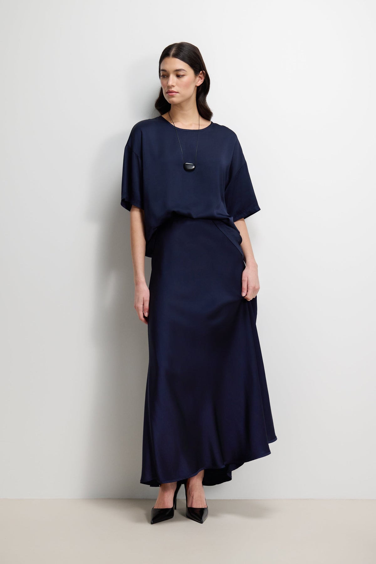 Women's Navy Satin Top with Back Slit Detail and Elegant Design