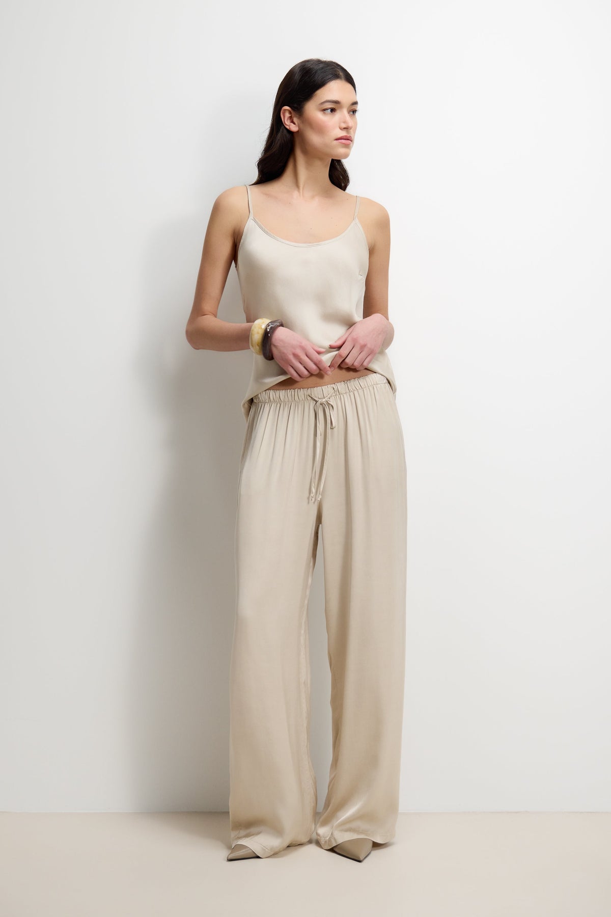 Women’s Light Beige Satin Trousers with Elastic Waist