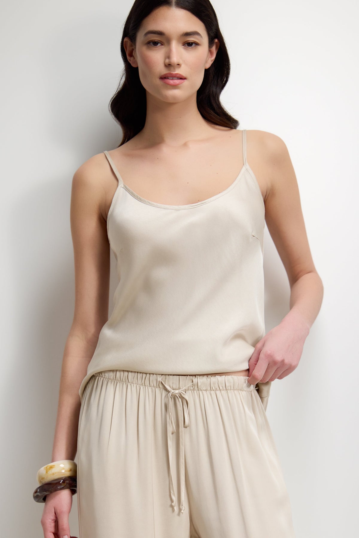 Women’s Light Beige Satin Trousers with Elastic Waist