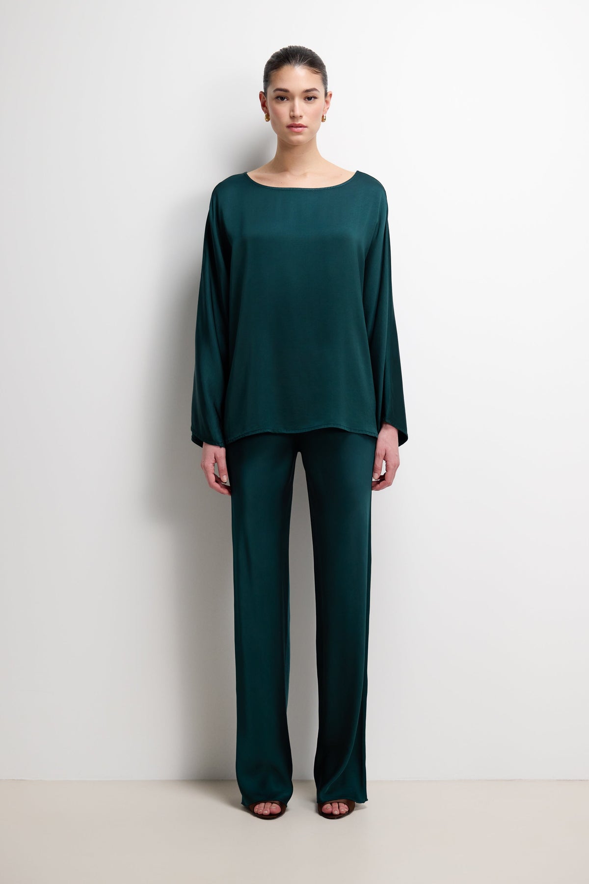 Women's Teal Satin Boatneck Top with Wide Sleeves
