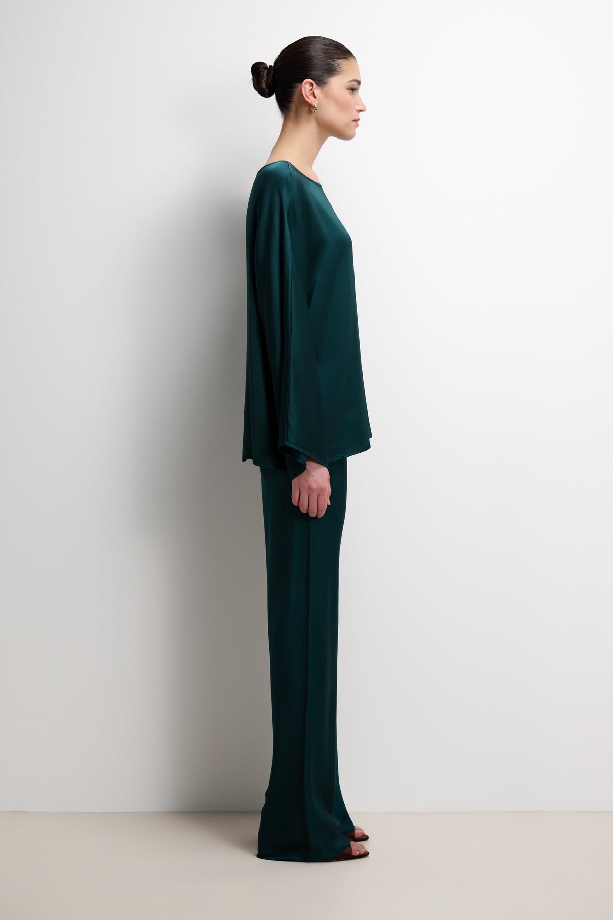 Women's Teal Satin Boatneck Top with Wide Sleeves
