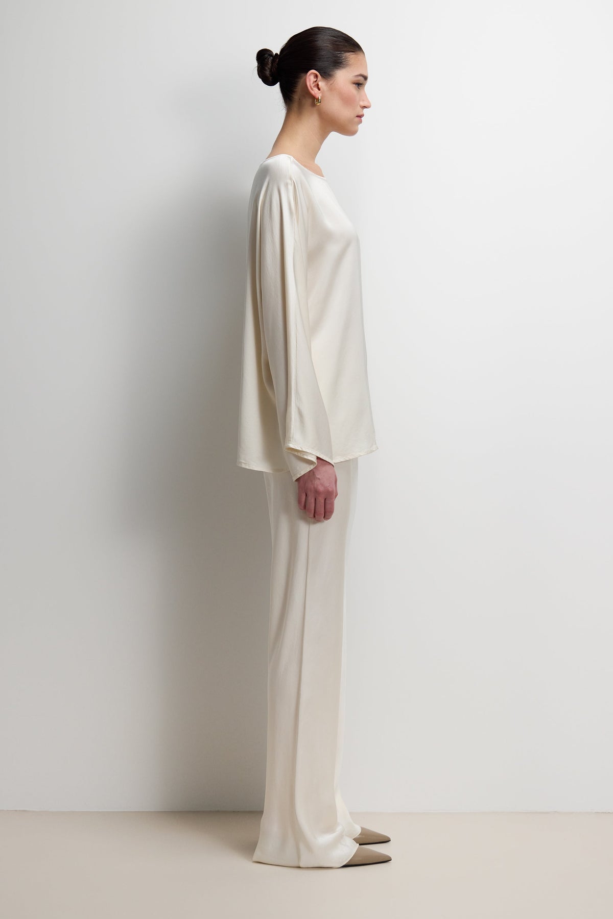 Women's Ivory Satin Boatneck Top with Wide Sleeves