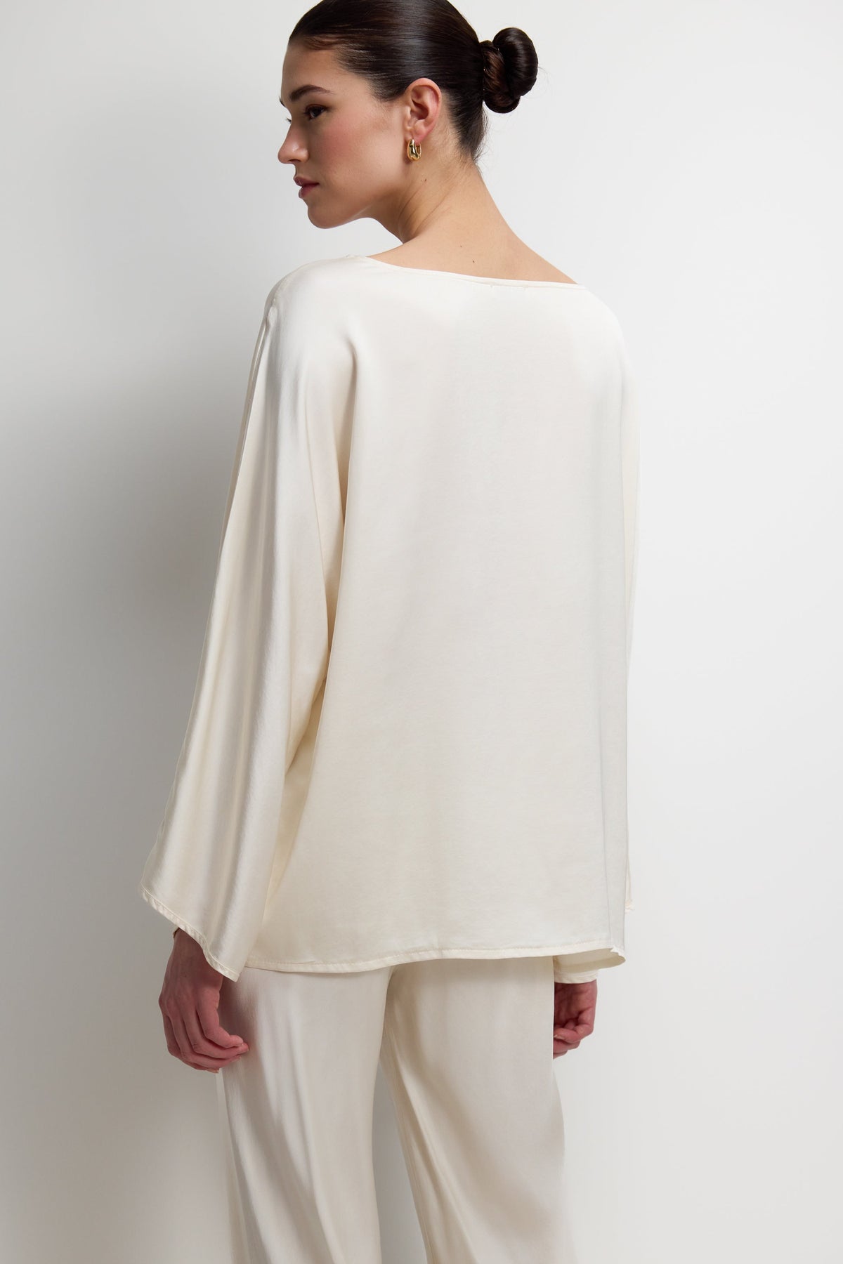 Women's Ivory Satin Boatneck Top with Wide Sleeves