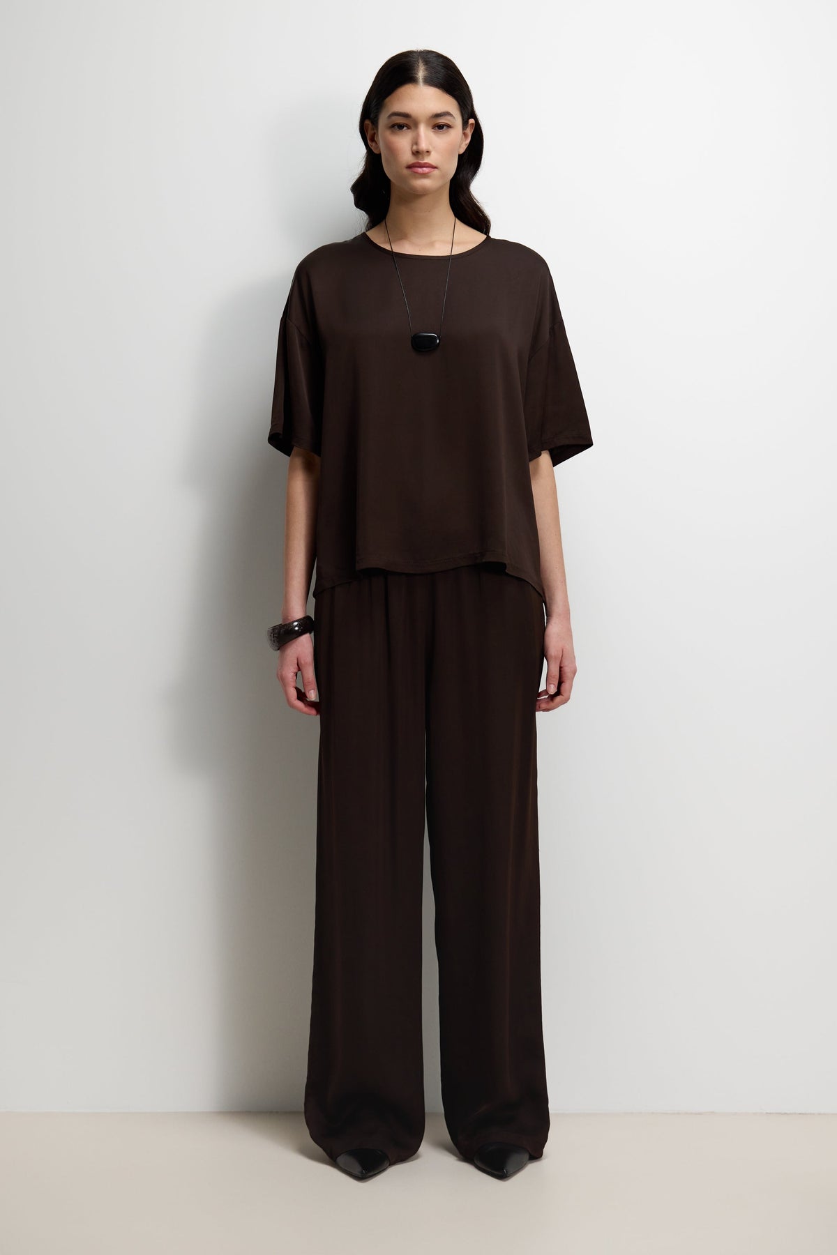 Women's Espresso Brown Satin Top with Back Slit Detail