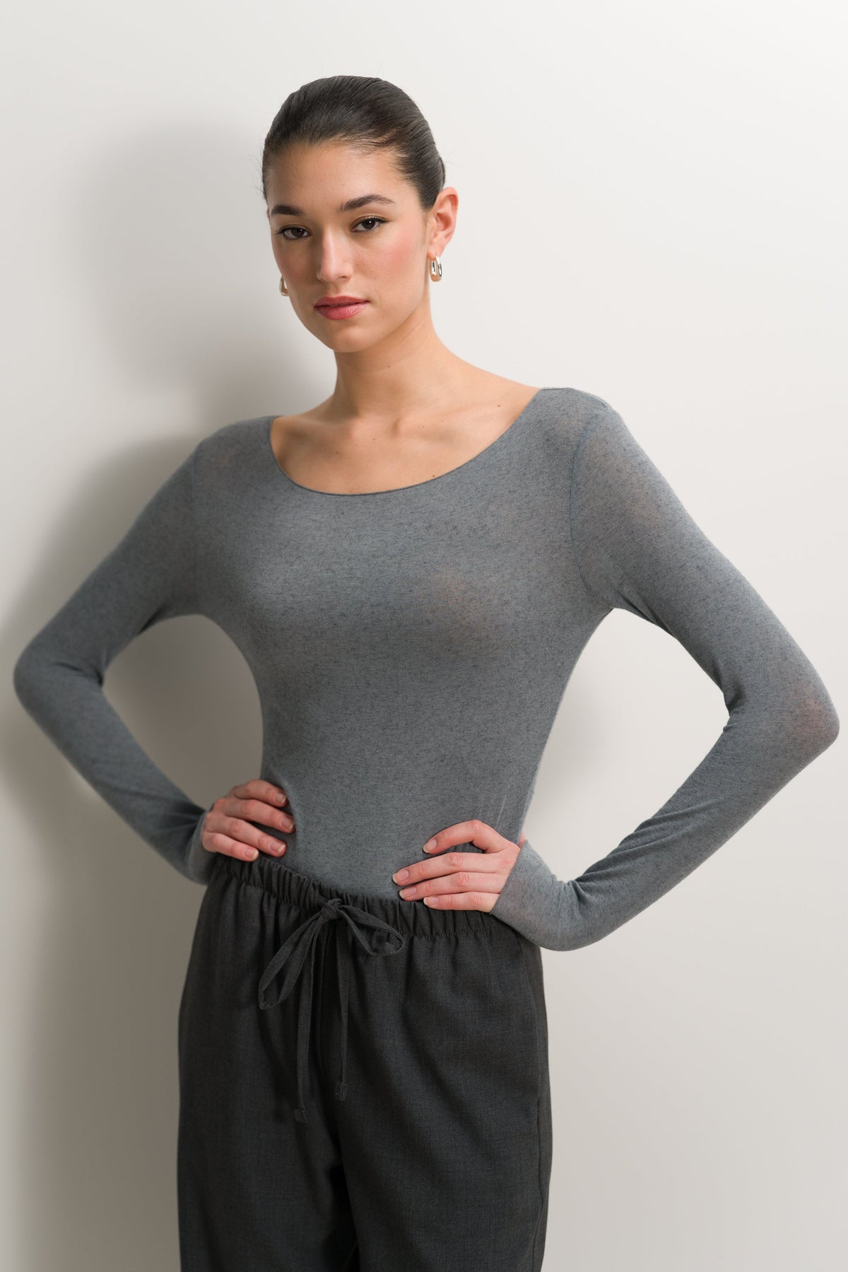 Women's Grey Melange Boat Neck Top in Lightweight Modal-Cashmere Blend