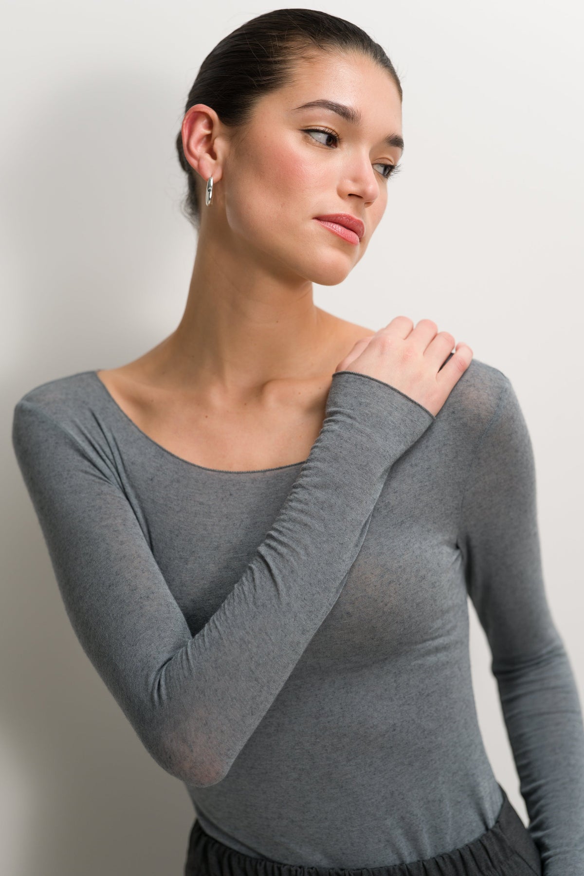 Women's Grey Melange Boat Neck Top in Lightweight Modal-Cashmere Blend