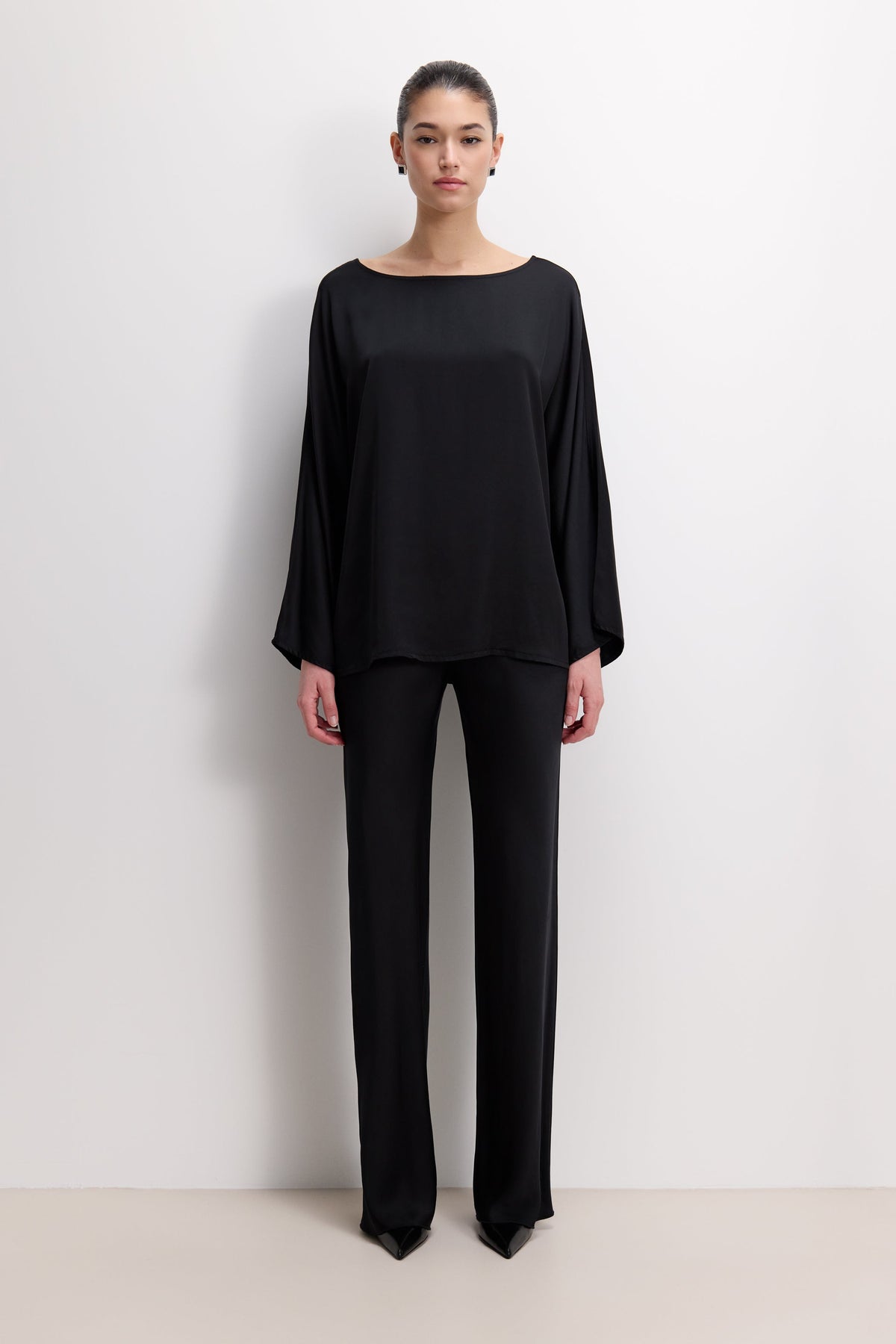 Women's Black Satin Boatneck Top with Wide Sleeves