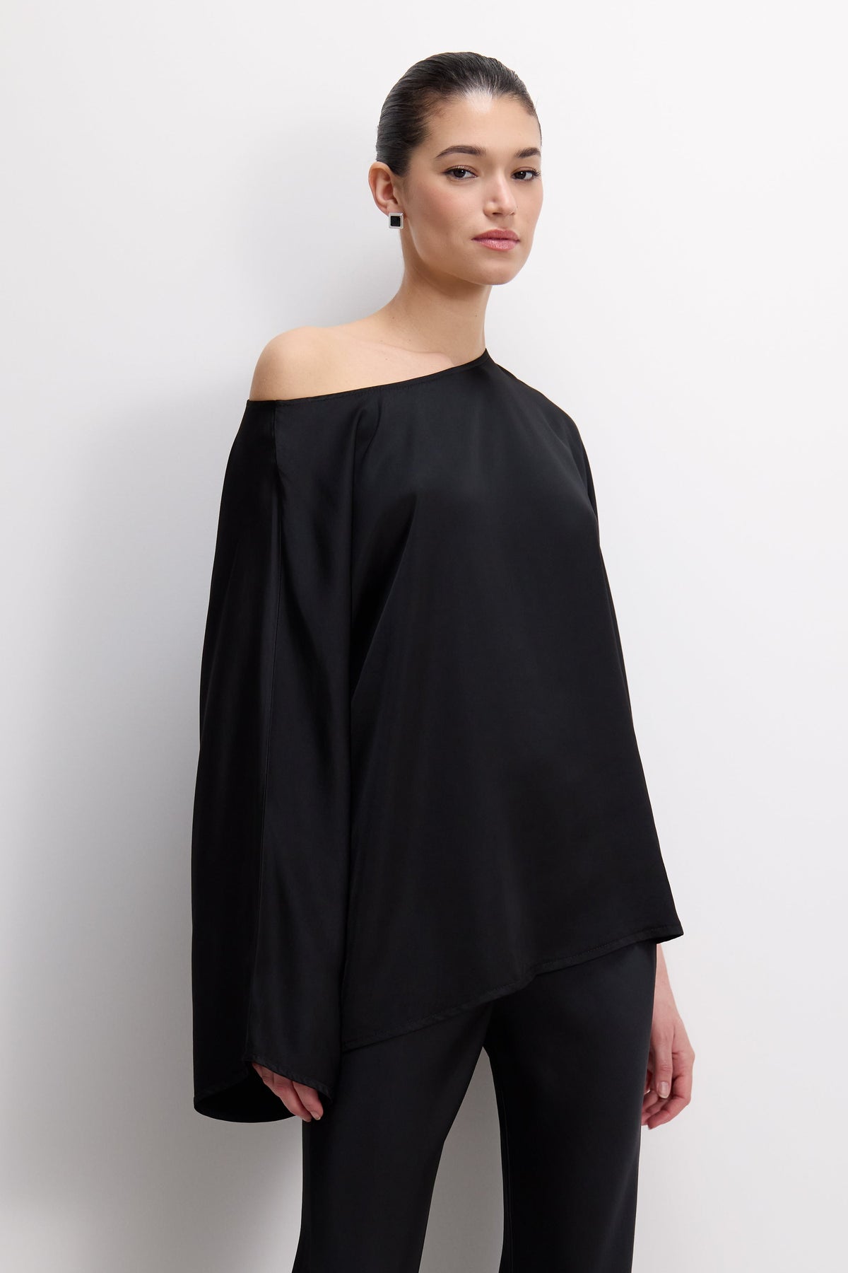 Women's Black Satin Boatneck Top with Wide Sleeves