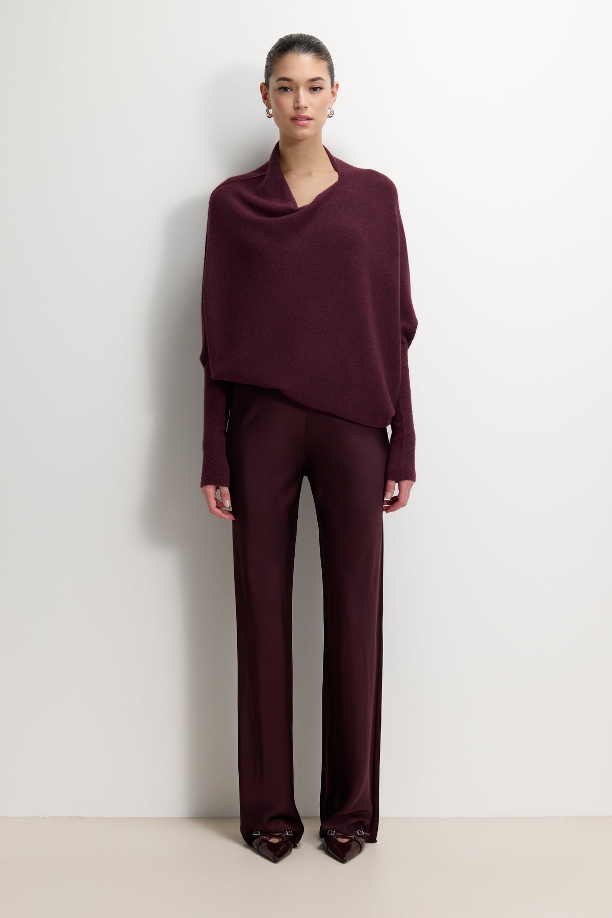 Women’s Amethyst Plum Bias-Cut Satin Trousers with Elastic Waist