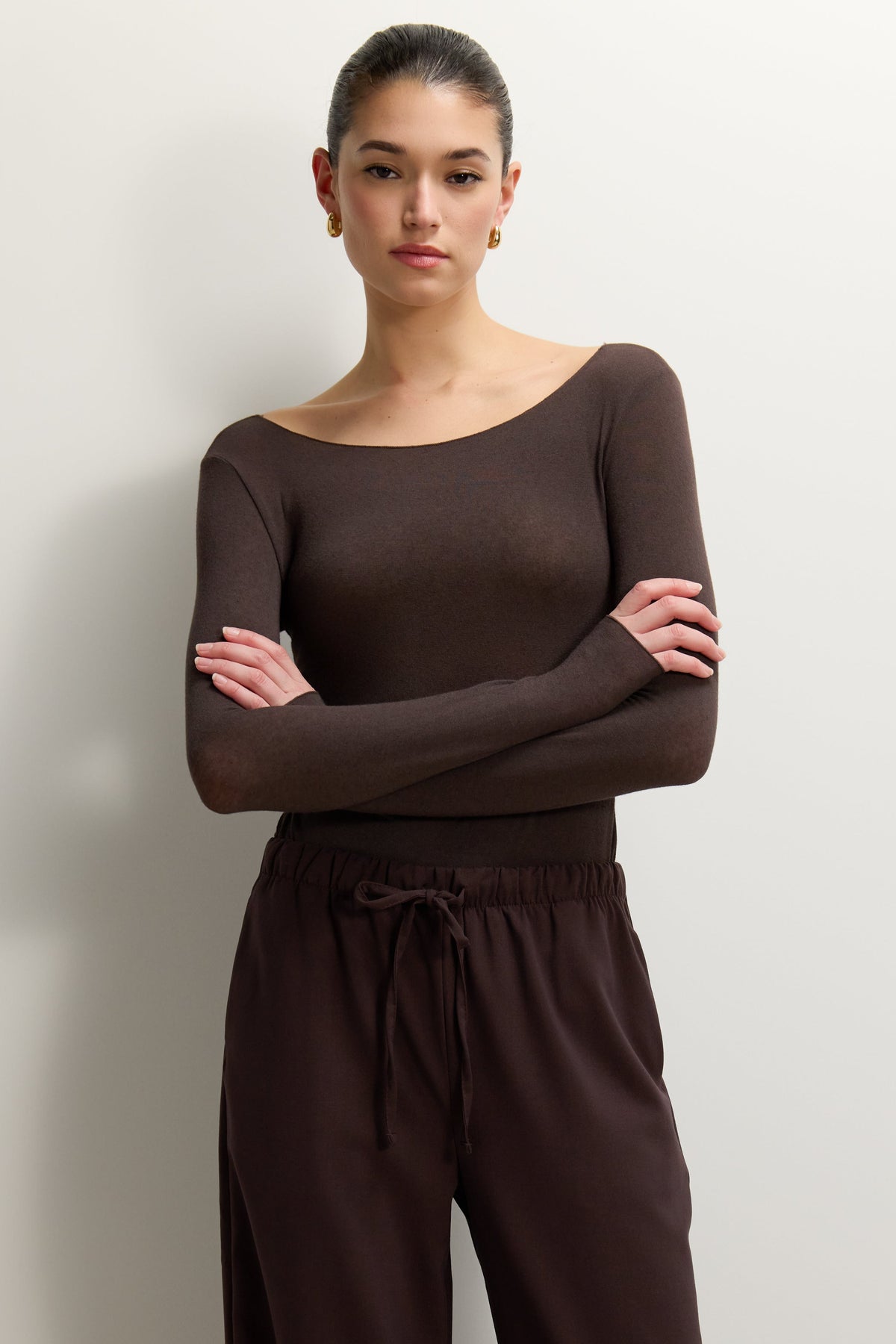 Women's Espresso Brown Boat Neck Top in Lightweight Modal-Cashmere Blend