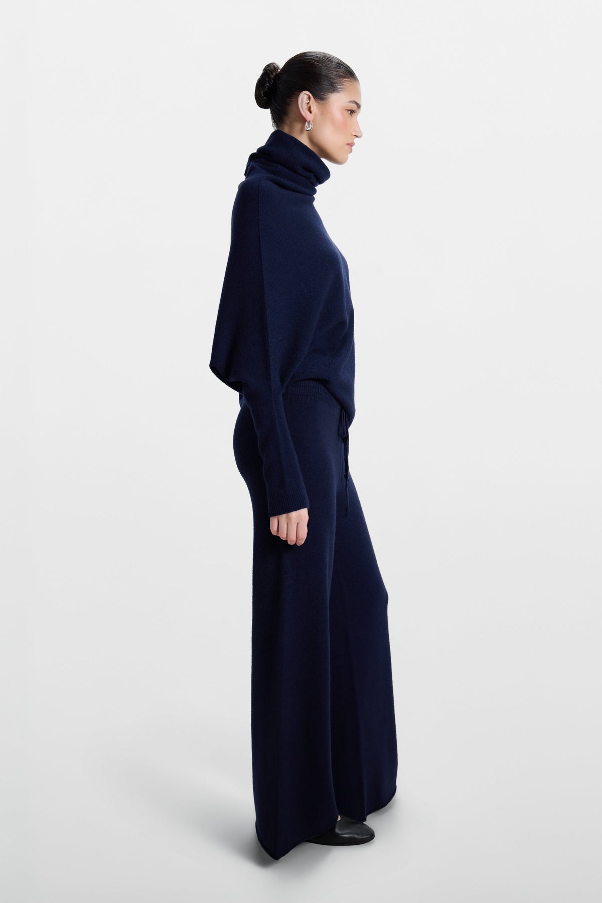 Women's Navy Roll Neck Top, Asymmetrical Draped Seamless Knit