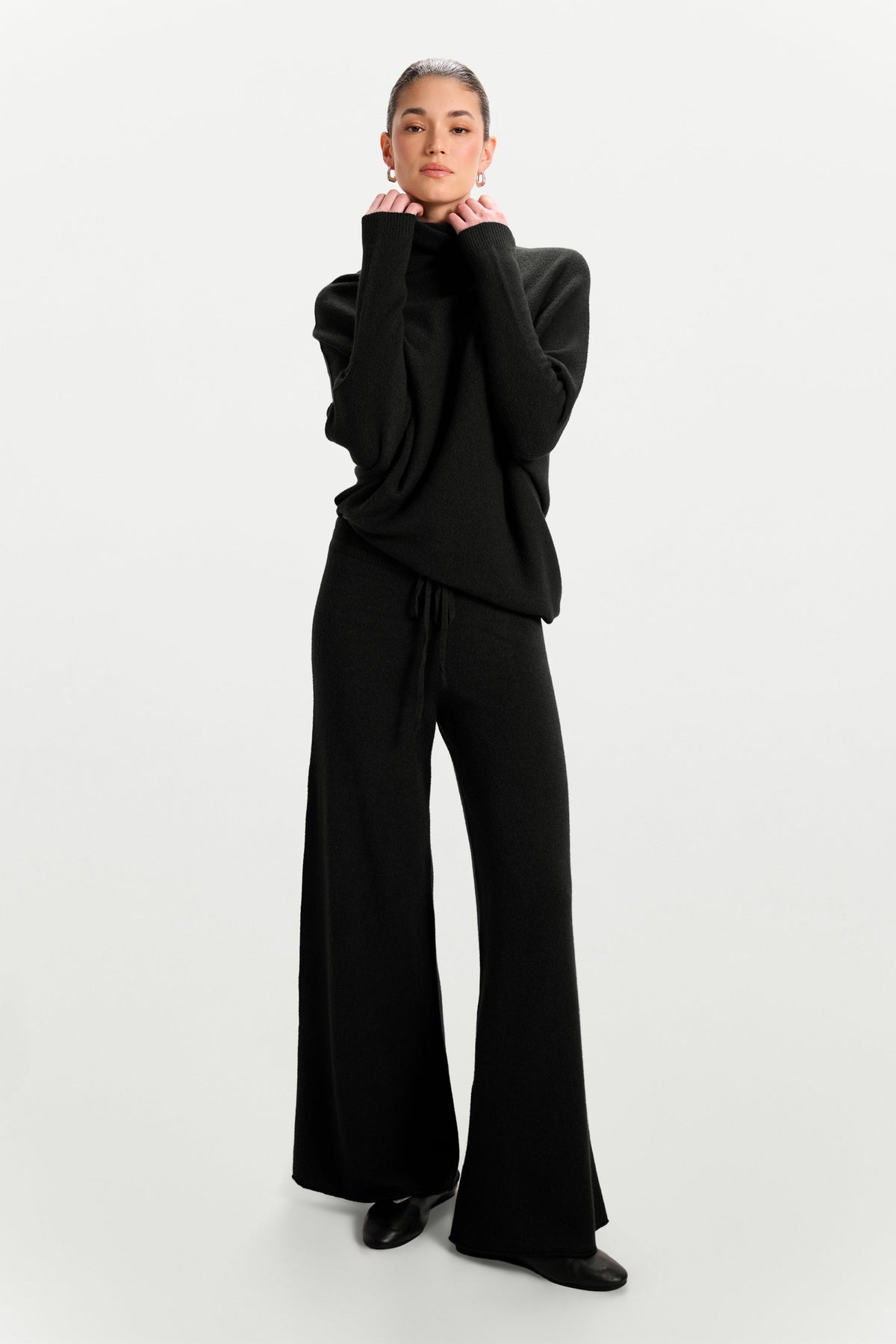 Women's Black Roll Neck Top, Asymmetrical Draped Seamless Knit